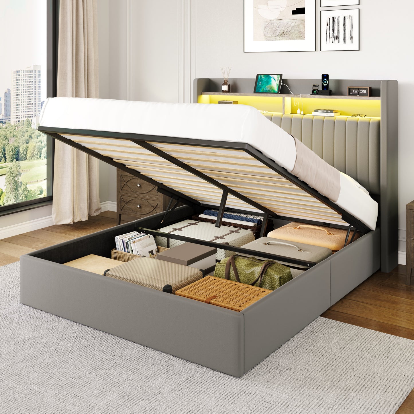 Amolife Hydraulic Lift-Up Storage Bed Frame, LED Headboard with Fast Charging (USB/Type-C), 2-Tier Shelves & Velvet Upholstered