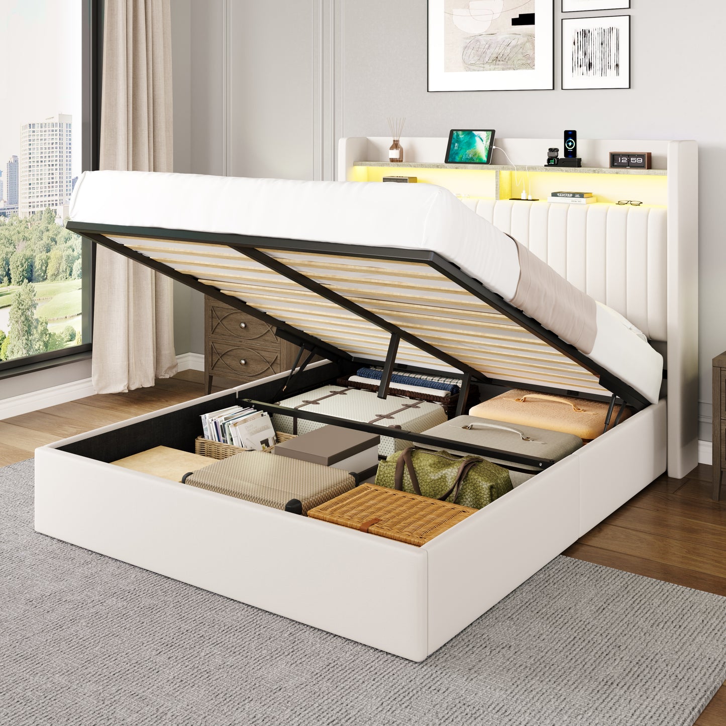 Amolife Hydraulic Lift-Up Storage Bed Frame, LED Headboard with Fast Charging (USB/Type-C), 2-Tier Shelves & Velvet Upholstered