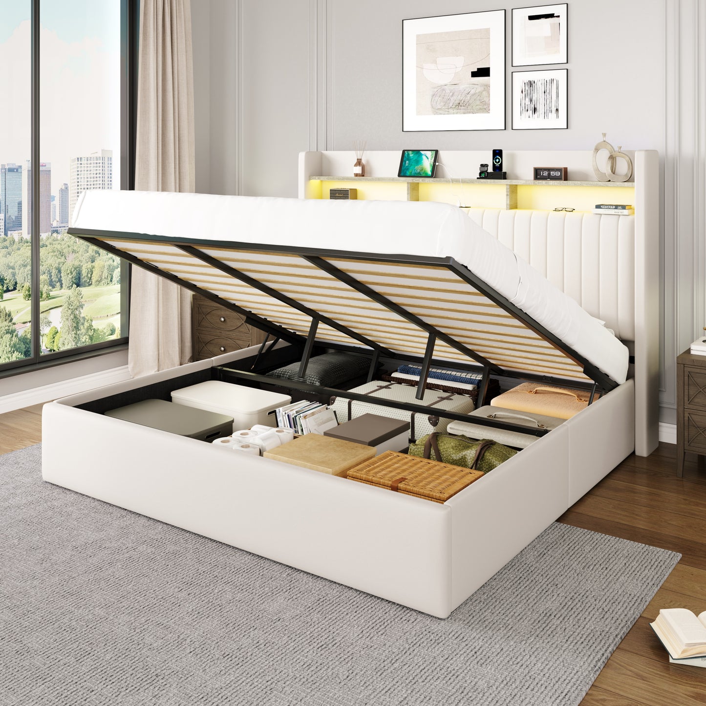 Amolife Hydraulic Lift-Up Storage Bed Frame, LED Headboard with Fast Charging (USB/Type-C), 2-Tier Shelves & Velvet Upholstered