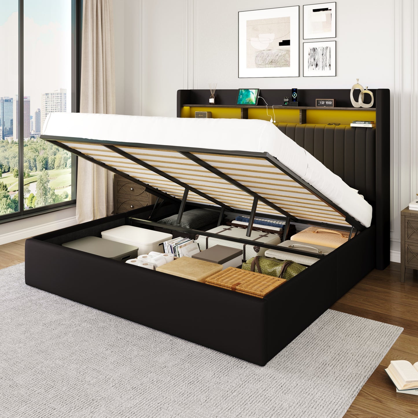 Amolife Hydraulic Lift-Up Storage Bed Frame, LED Headboard with Fast Charging (USB/Type-C), 2-Tier Shelves & Velvet Upholstered