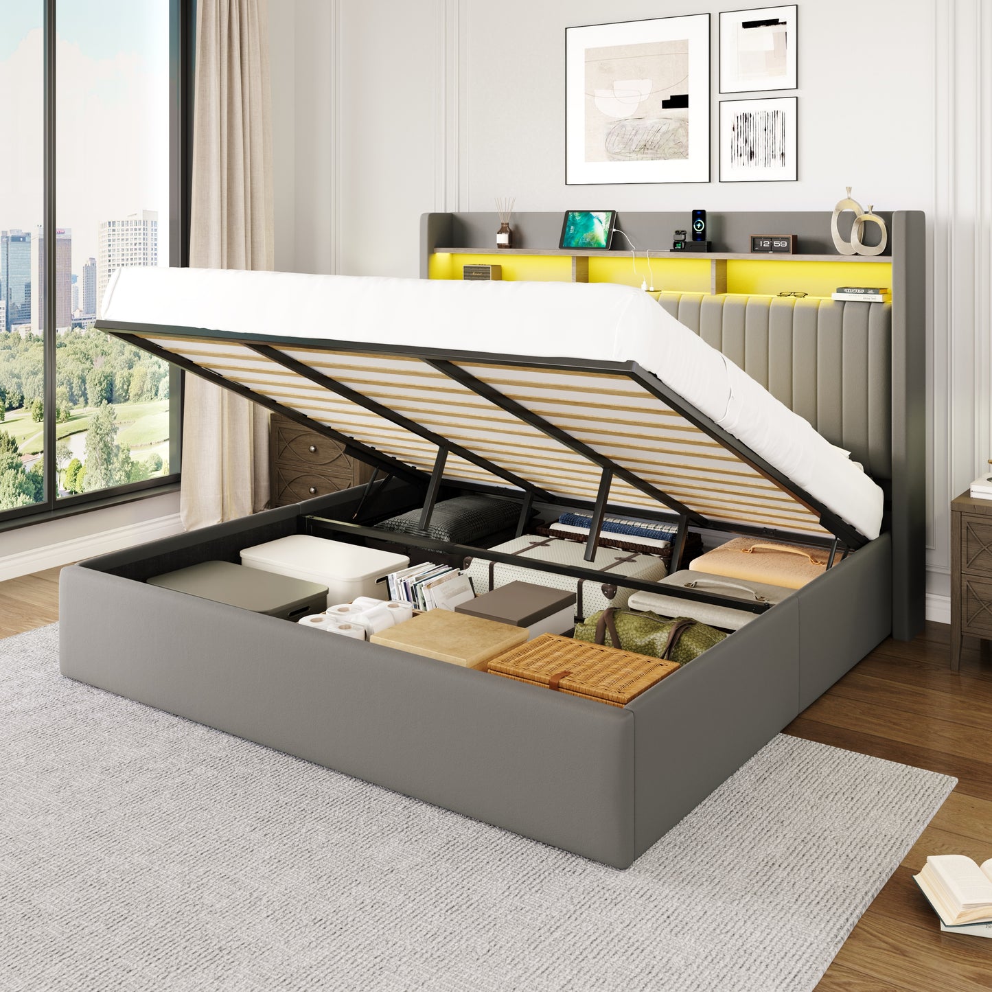 Amolife Hydraulic Lift-Up Storage Bed Frame, LED Headboard with Fast Charging (USB/Type-C), 2-Tier Shelves & Velvet Upholstered