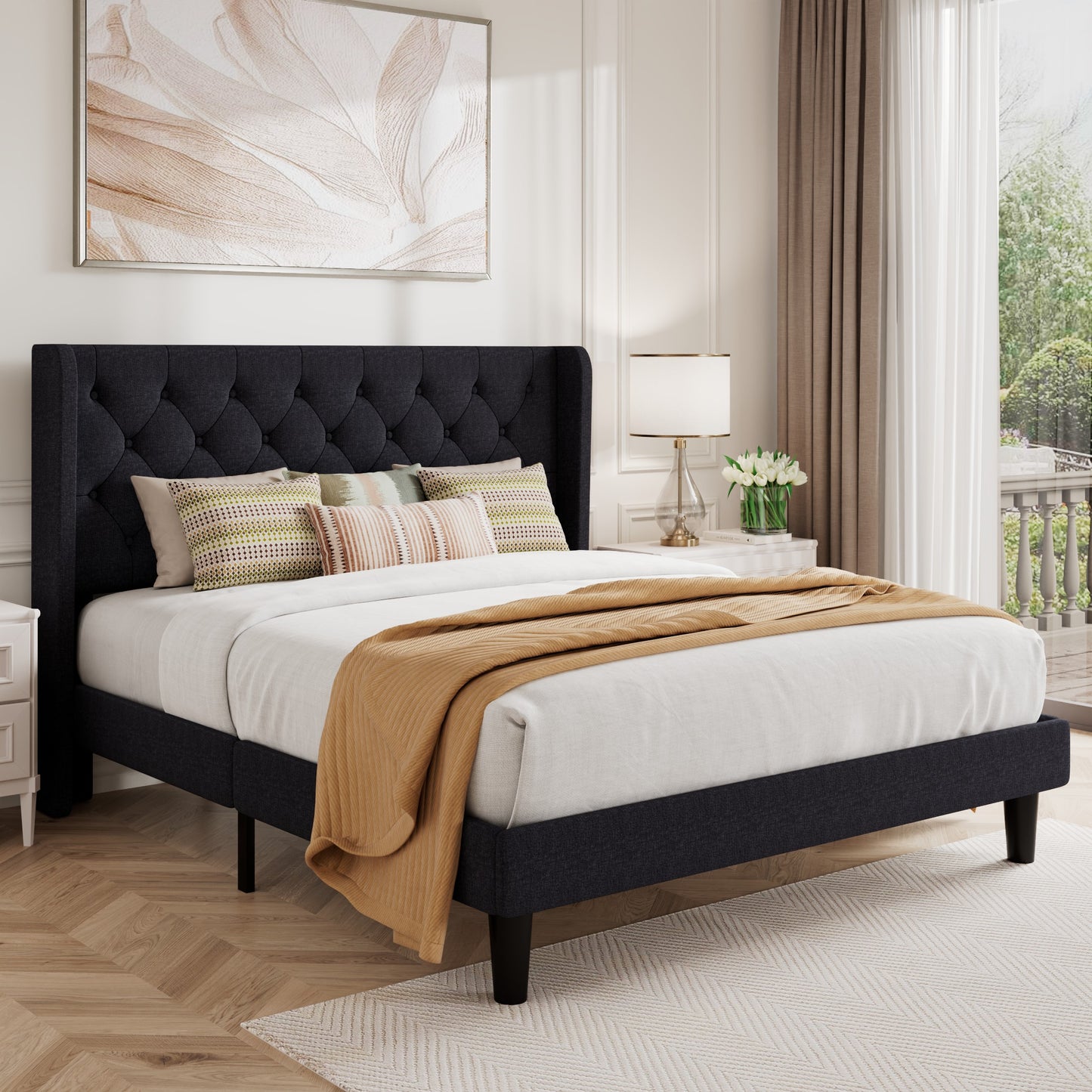 Queen Size Diamond Upholstered Platform Bed Frame with Deluxe Wing Back, Drak Gray