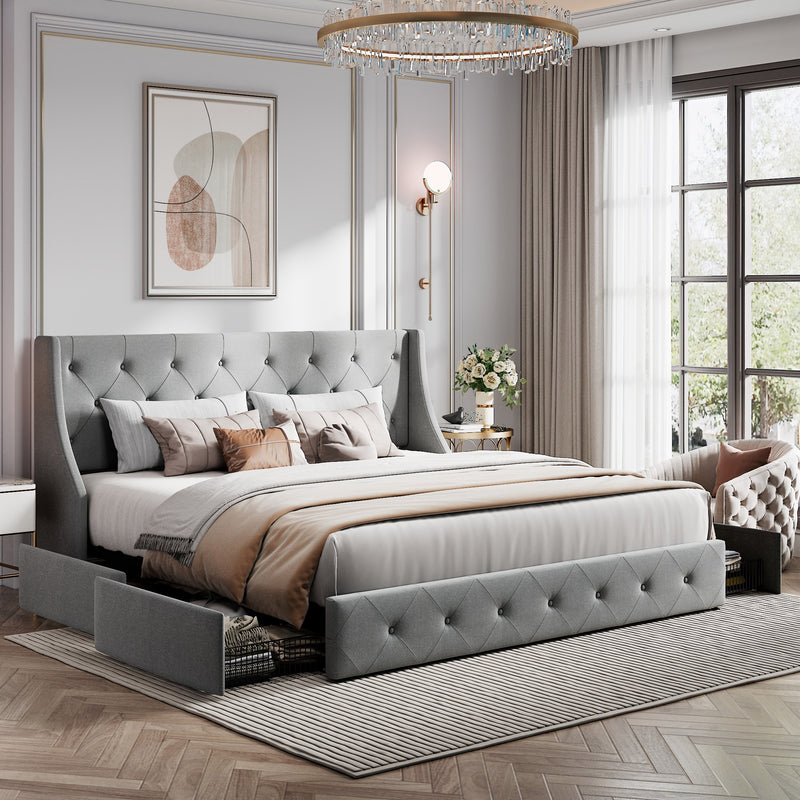 Queen Size Platform Bed Frame with 4 Storage Drawers and Wingback Headboard, Diamond Stitched Button Tufted Style, Dark Gray