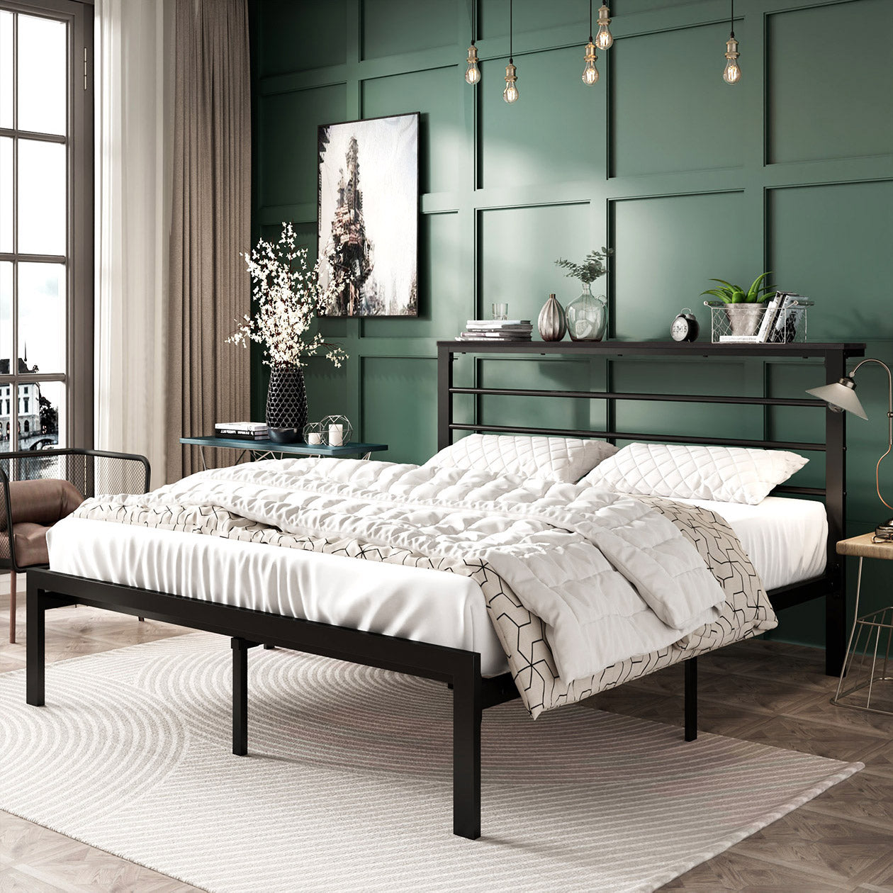 Queen Size Metal Bed Frame with Headboard Shelf, Black Oak