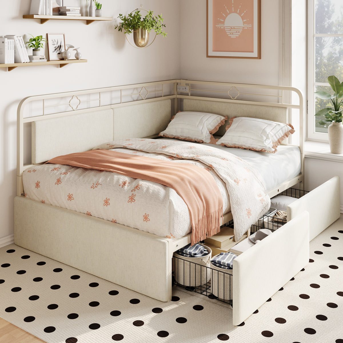 Amolife Daybed Frame with Movable Charging Station and Storage Drawers, Corner Daybed for Living Room, Bedroom and Guest Room