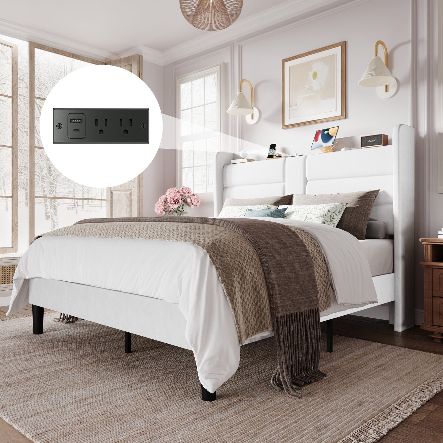 Amolife Upholstered Platform Bed Frame with Velvet Wingback Headboard & USB Charging Ports, No Box Spring Needed