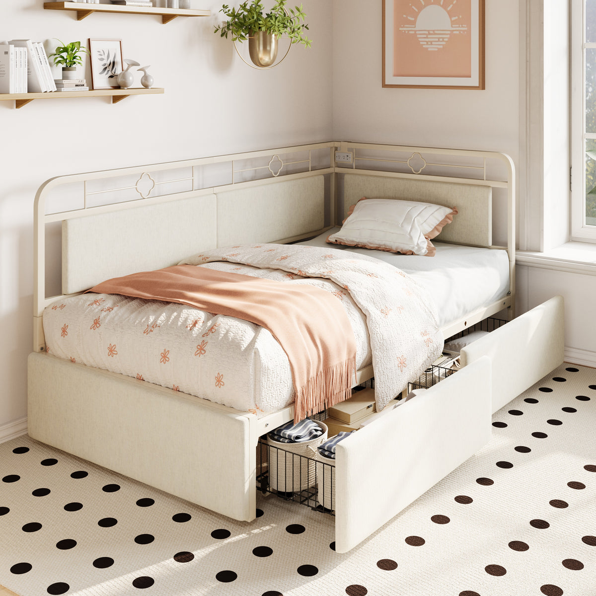 Amolife Daybed Frame with Movable Charging Station and Storage Drawers, Corner Daybed for Living Room, Bedroom and Guest Room