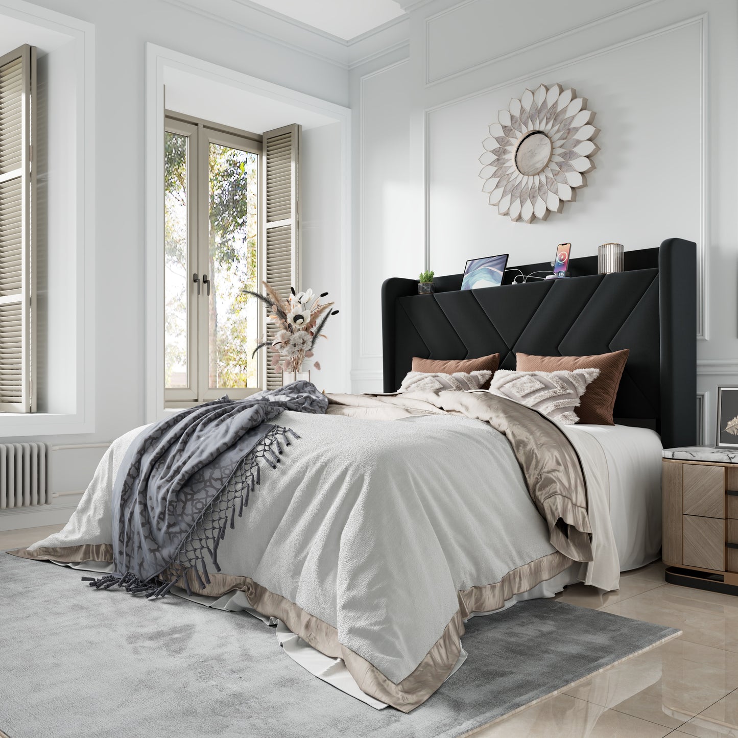 Amolife Platform Bed Frame with 4-in-1 Charging Station & Storage Shelf, Upholstered Velvet Wingback Headboard