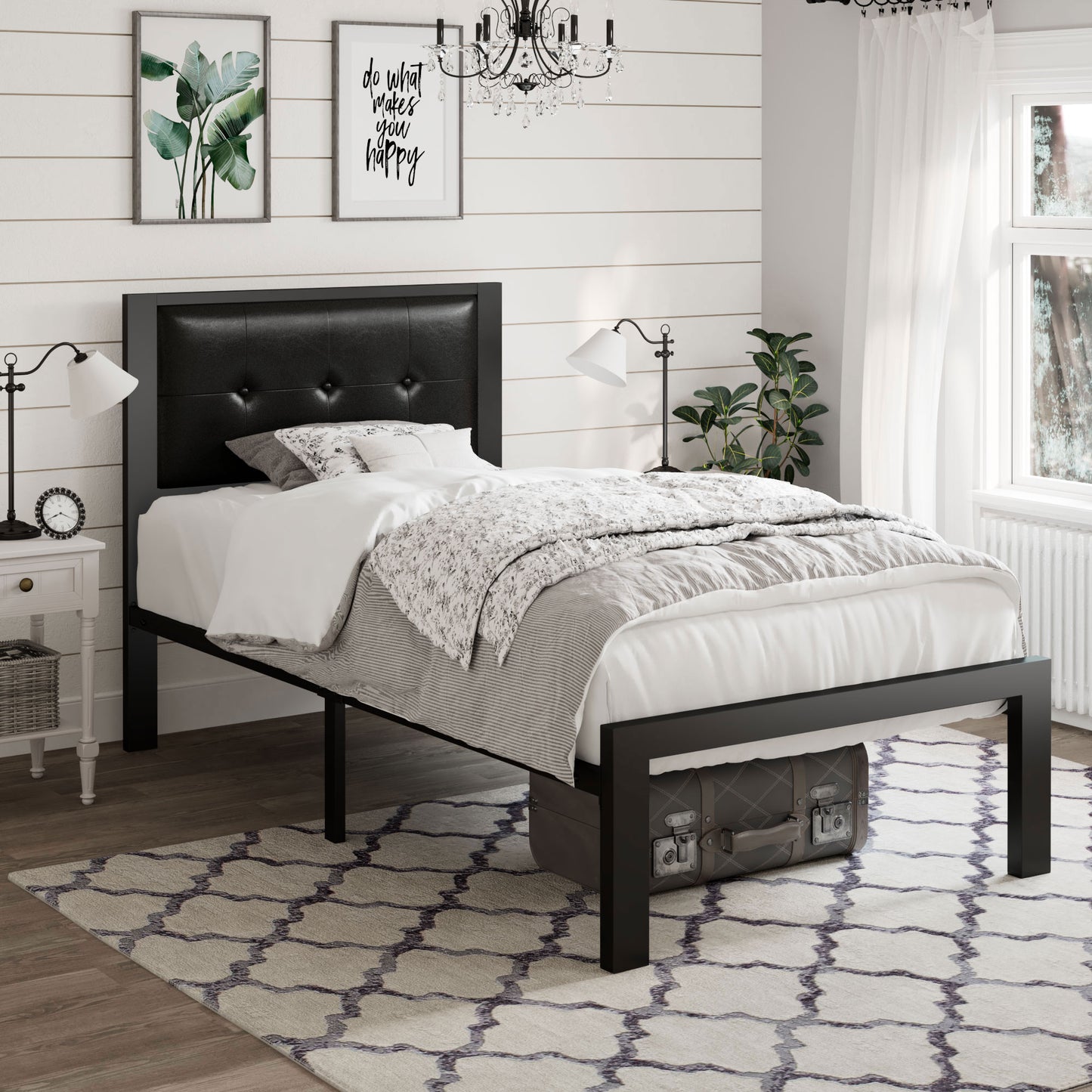 Bed Frame with Upholstered Button Tufted Square Stitch Headboard