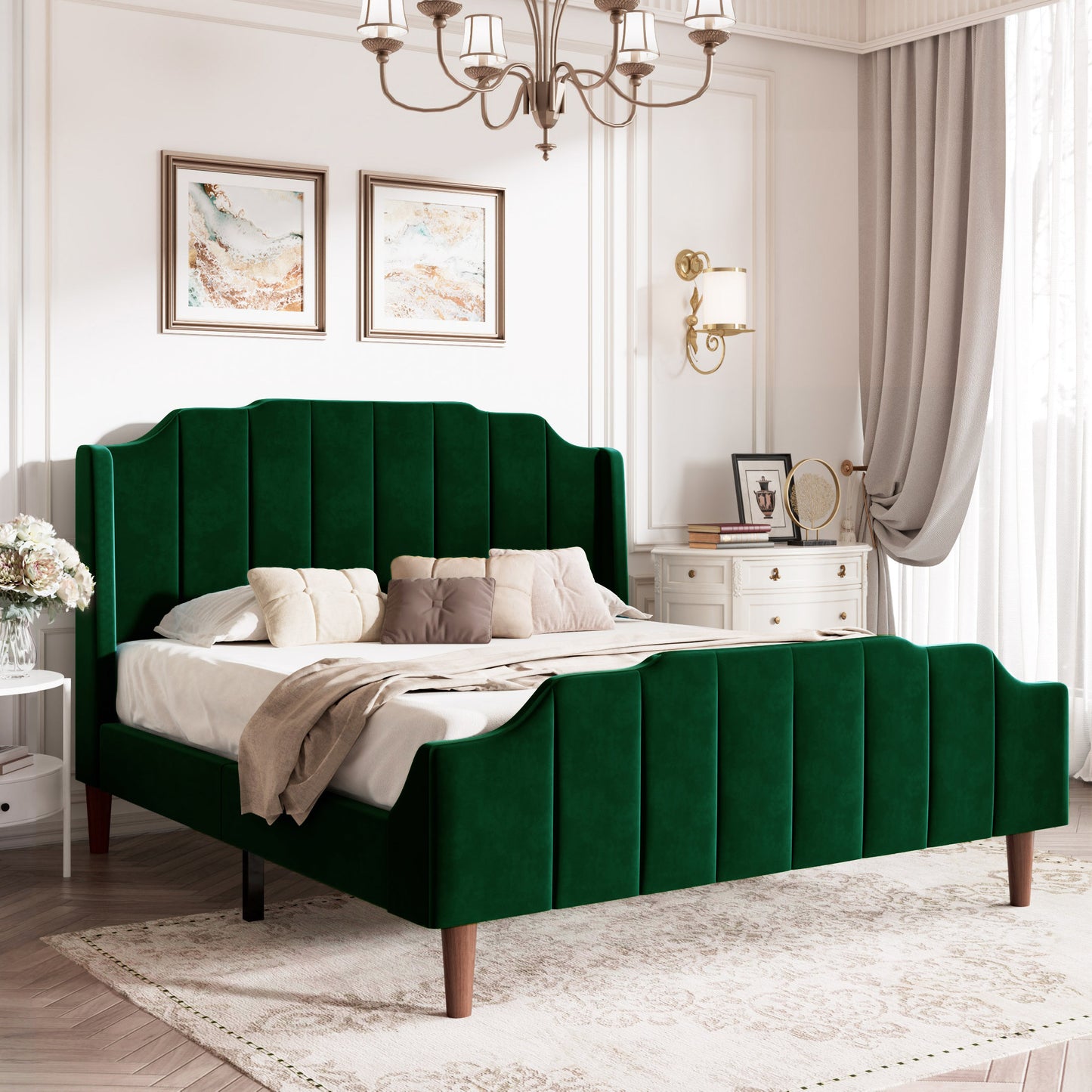 Modern Curved Wood Bed Frame with Upholstered Wingback Headboard