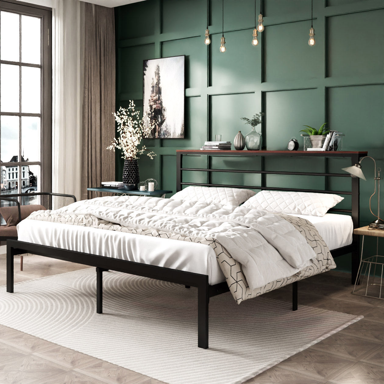 Queen Size Metal Bed Frame with Headboard Shelf, Black Oak