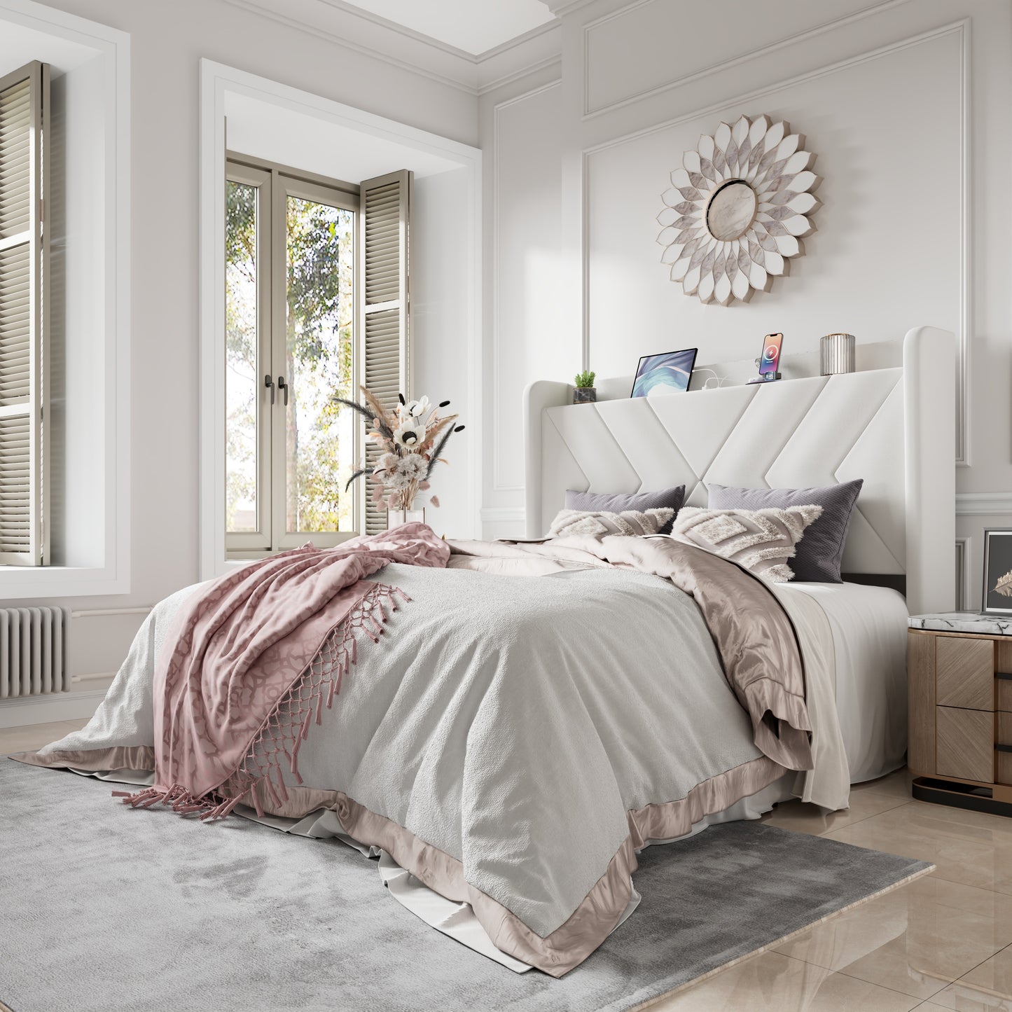 Amolife Platform Bed Frame with 4-in-1 Charging Station & Storage Shelf, Upholstered Velvet Wingback Headboard