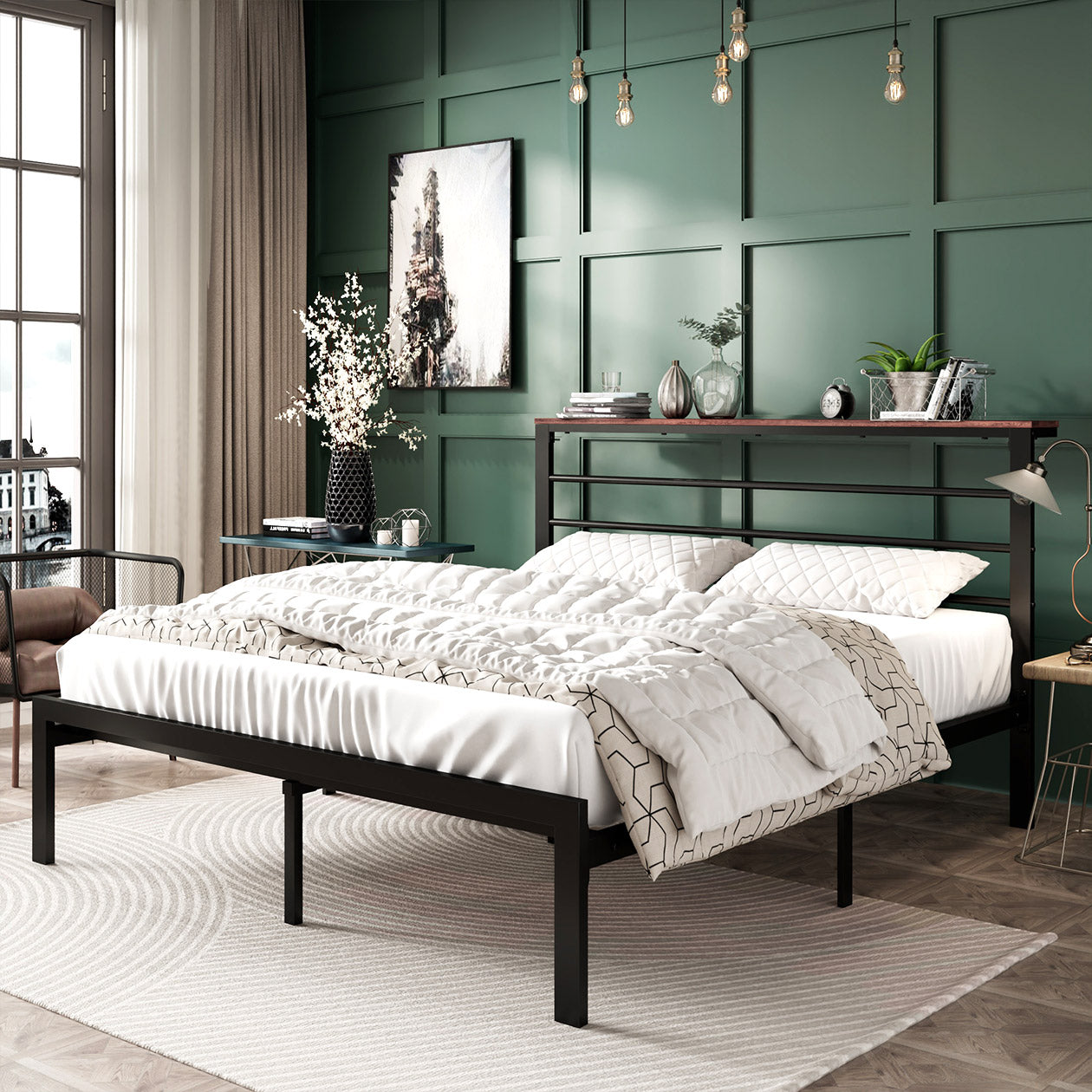 Queen Size Metal Bed Frame with Headboard Shelf, Black Oak