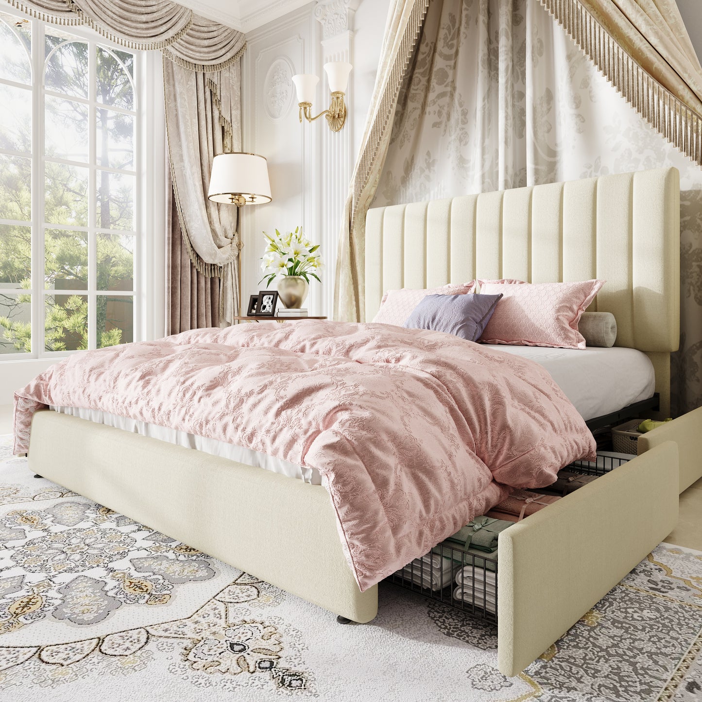 Amolife Bed Frame, Platform Bed with Adjustable Velvet-Wrapped Headboard and 4 Storage Drawers, No Box Spring Required