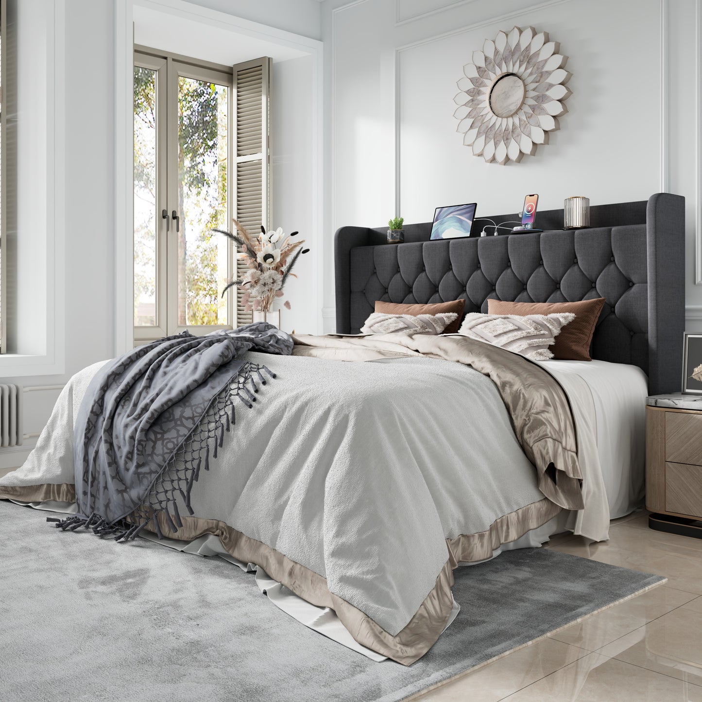 Amolife Bed Frame with Storage Wingback Headboard and Fast Charging Hub, Upholstered Platform Bed, No Box Spring Required