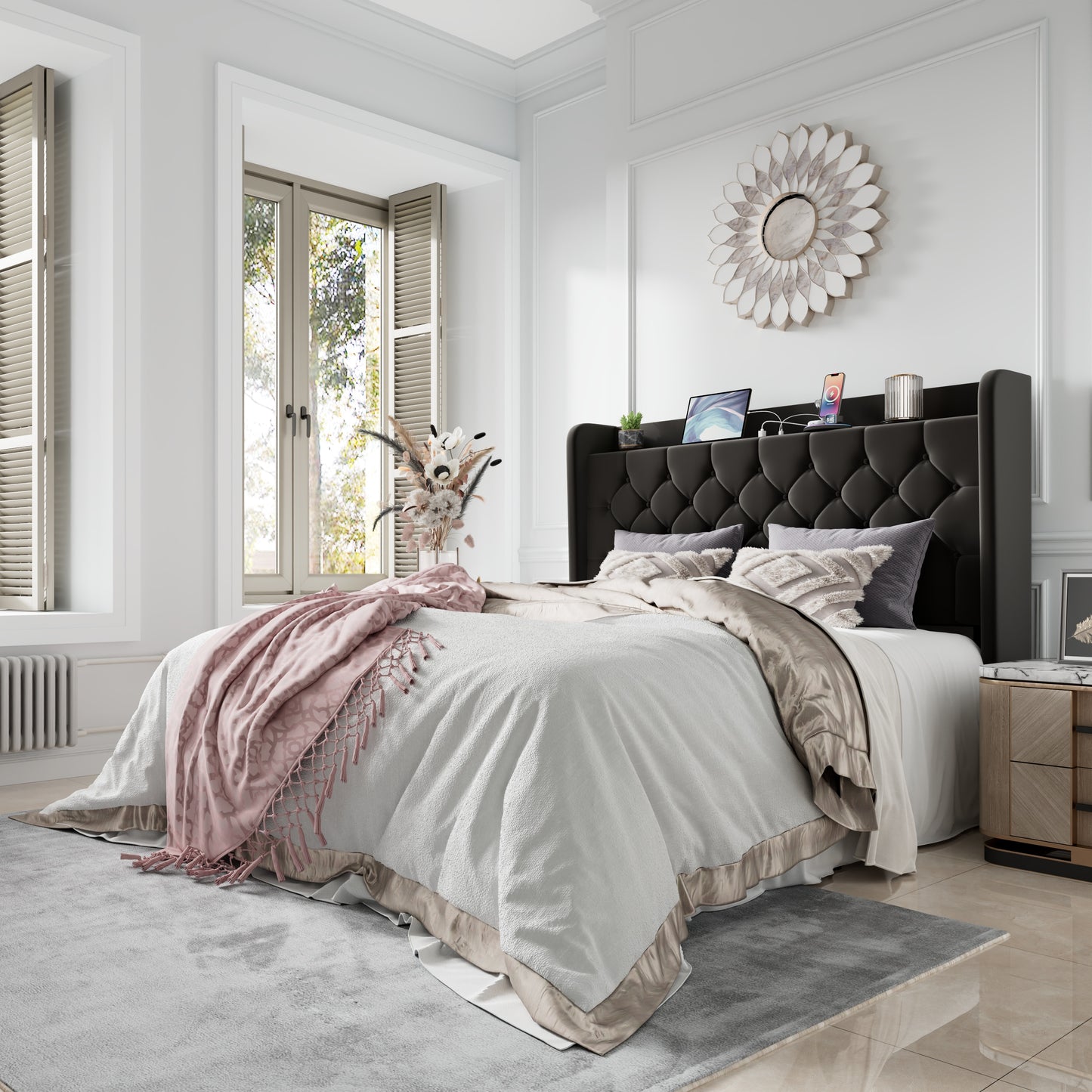 Amolife Bed Frame with Storage Wingback Headboard and Fast Charging Hub, Upholstered Platform Bed, No Box Spring Required