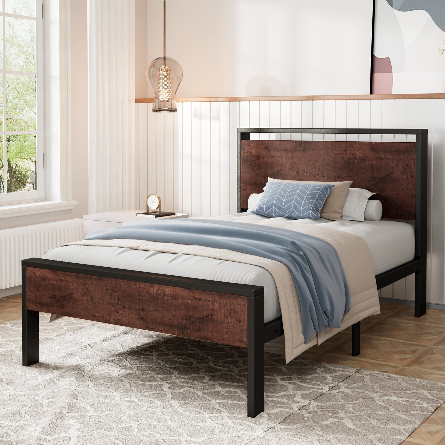Amolife Twin Size Bed Frame, Heavy Duty Metal Platform Bed with Wooden Headboard & Footboard, No Box Spring Needed