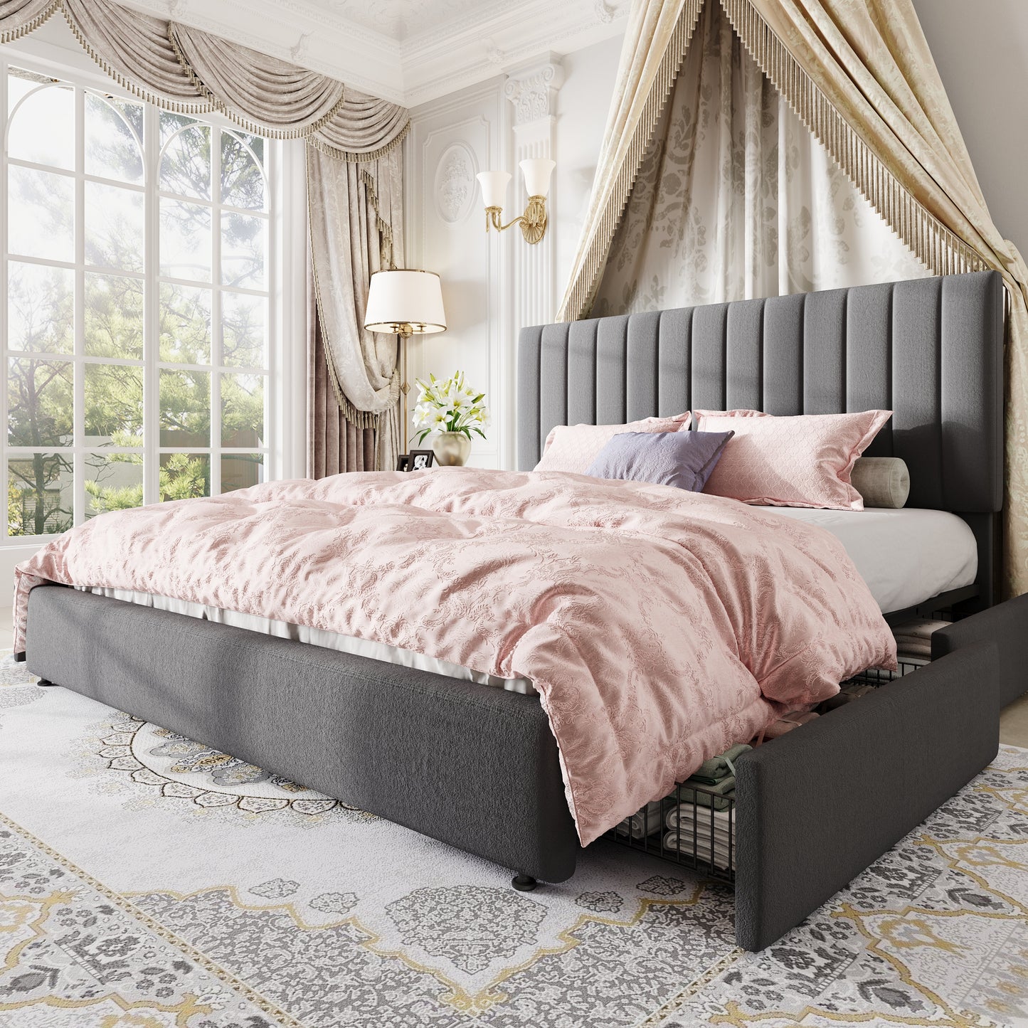 Amolife Bed Frame, Platform Bed with Adjustable Velvet-Wrapped Headboard and 4 Storage Drawers, No Box Spring Required
