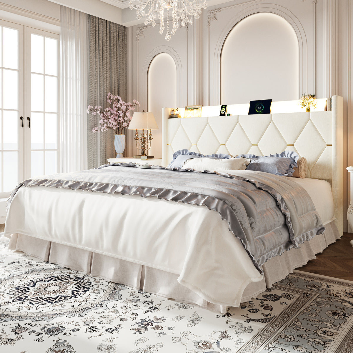 Amolife Lift Up Storage Bed Frame, Chenille Multi-Functional Headboard, Ample Under-Bed Storage Space