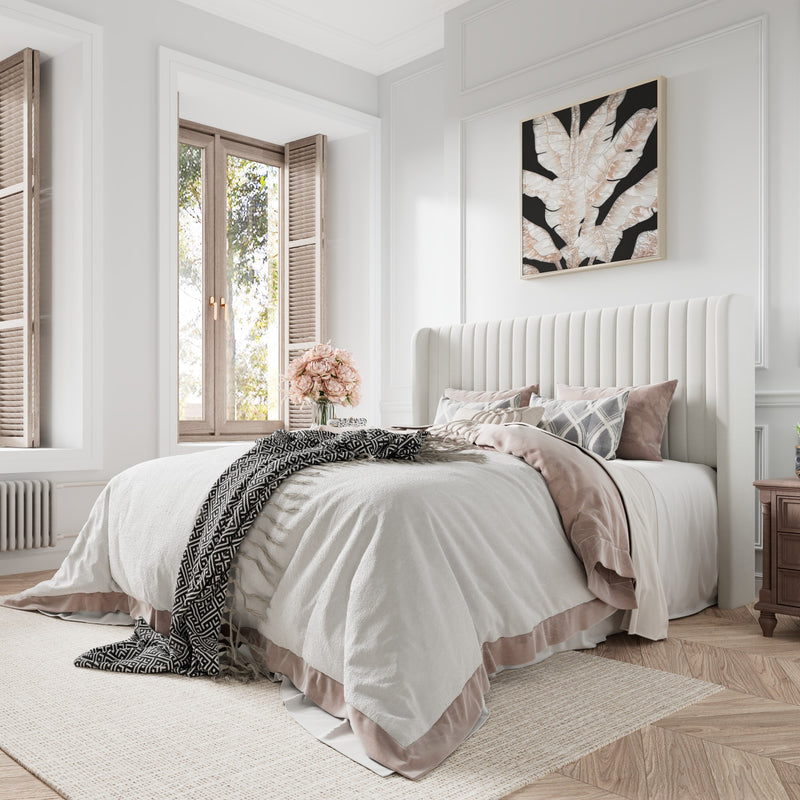 Queen Size Velvet Vertical Stripe Upholstered Bed Frame with Wingback