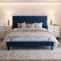 Queen Bed Frame with Adjustable Velvet-Studded Headboard, Black