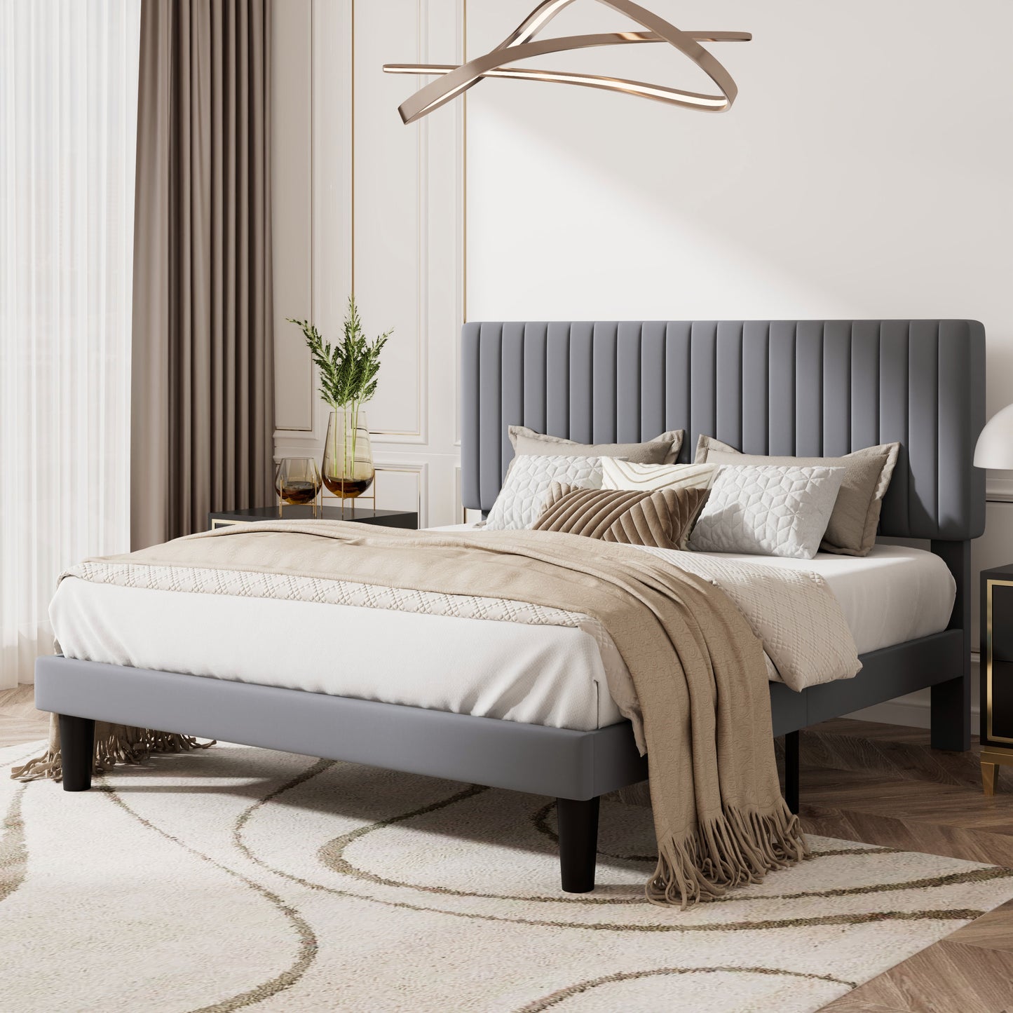 Upholstered Platform Bed Frame with Vertical Channel Tufted Velvet Headboard