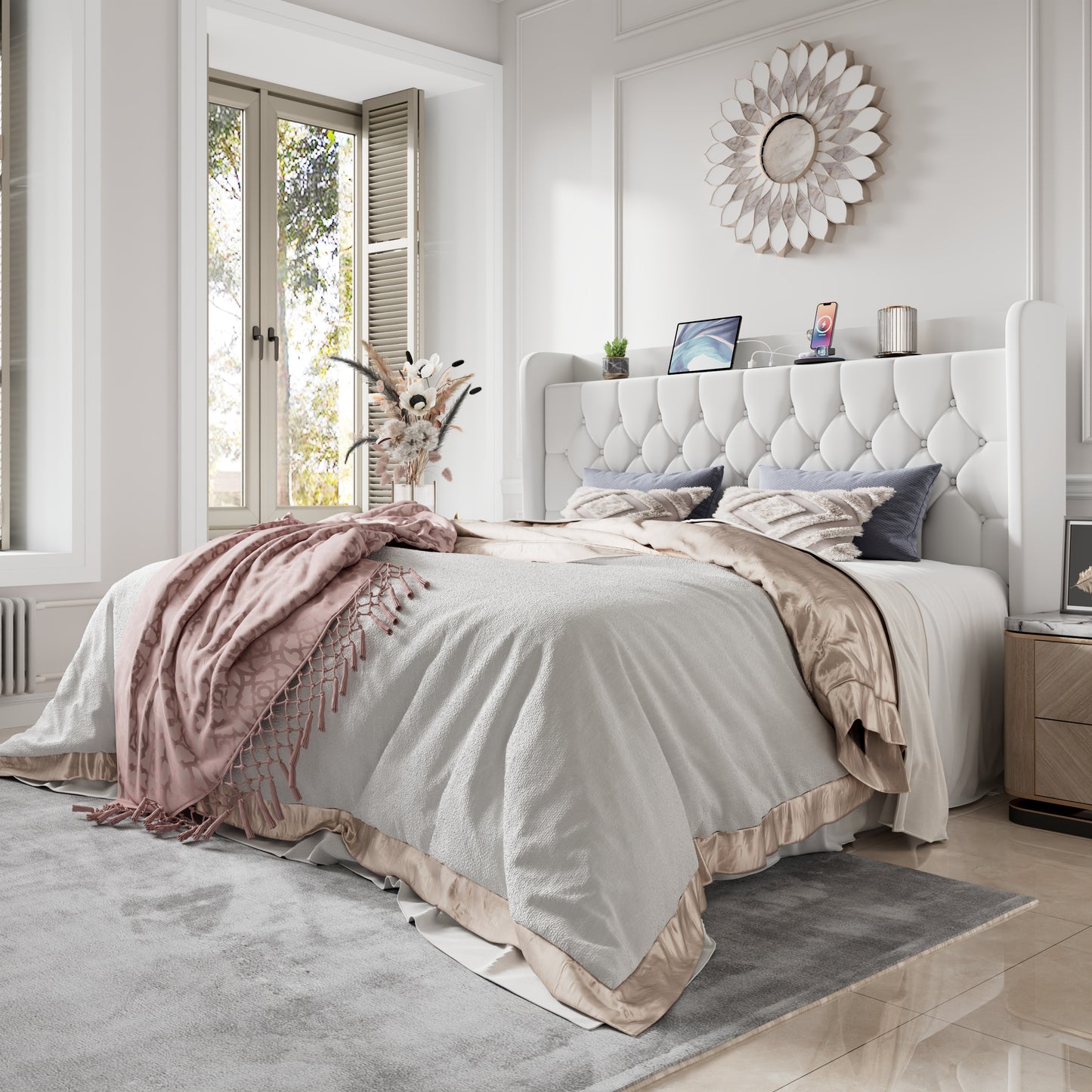 Amolife Bed Frame with Storage Wingback Headboard and Fast Charging Hub, Upholstered Platform Bed, No Box Spring Required