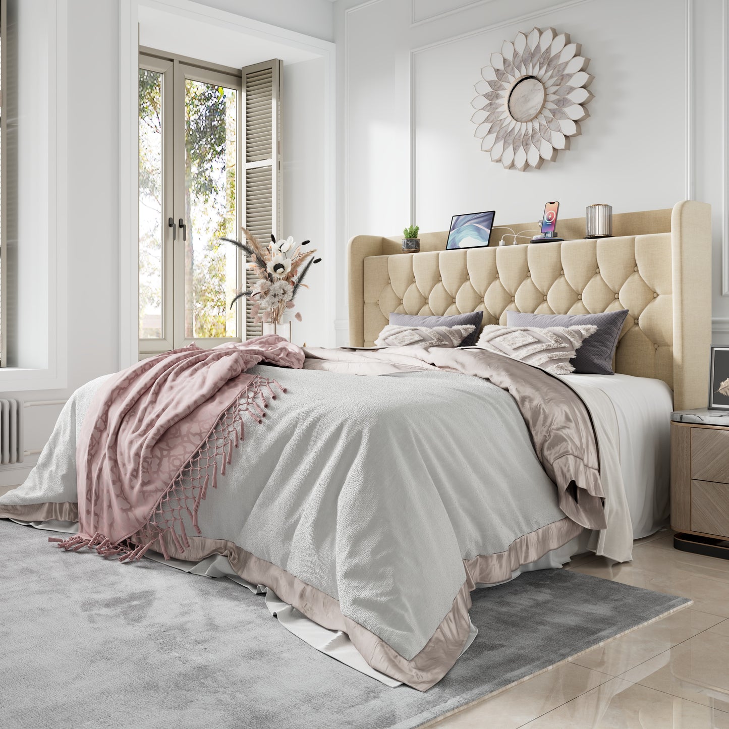 Amolife Bed Frame with Storage Wingback Headboard and Fast Charging Hub, Upholstered Platform Bed, No Box Spring Required