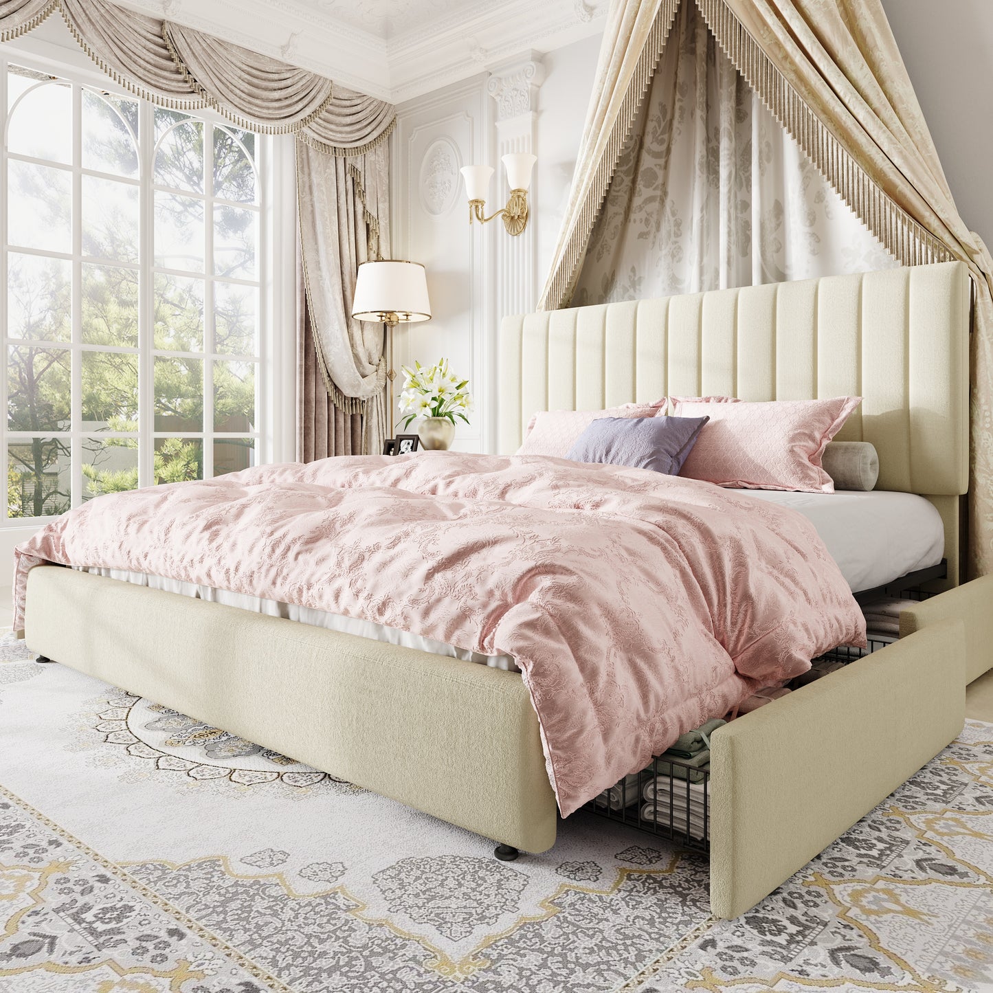 Amolife Bed Frame, Platform Bed with Adjustable Velvet-Wrapped Headboard and 4 Storage Drawers, No Box Spring Required