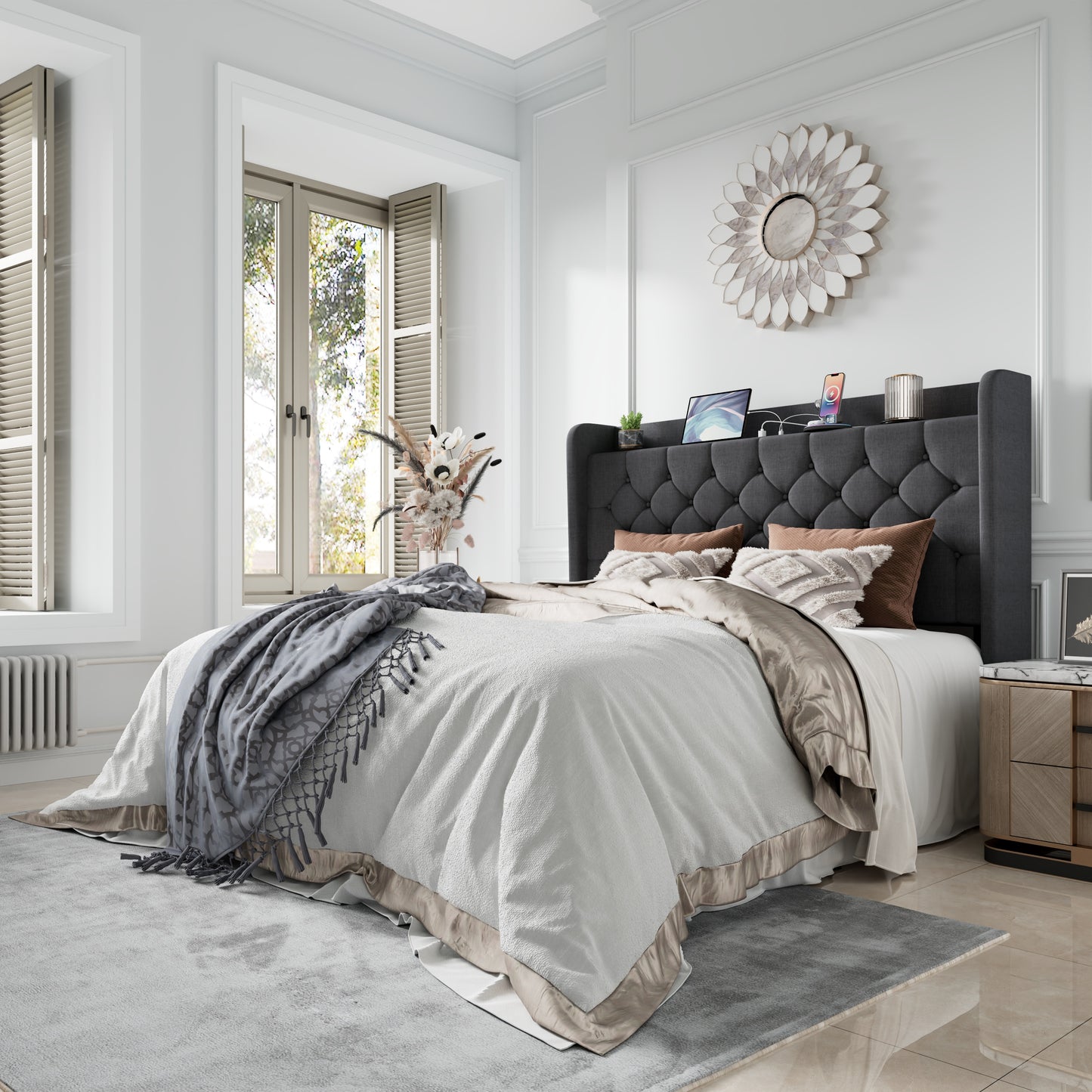 Amolife Bed Frame with Storage Wingback Headboard and Fast Charging Hub, Upholstered Platform Bed, No Box Spring Required