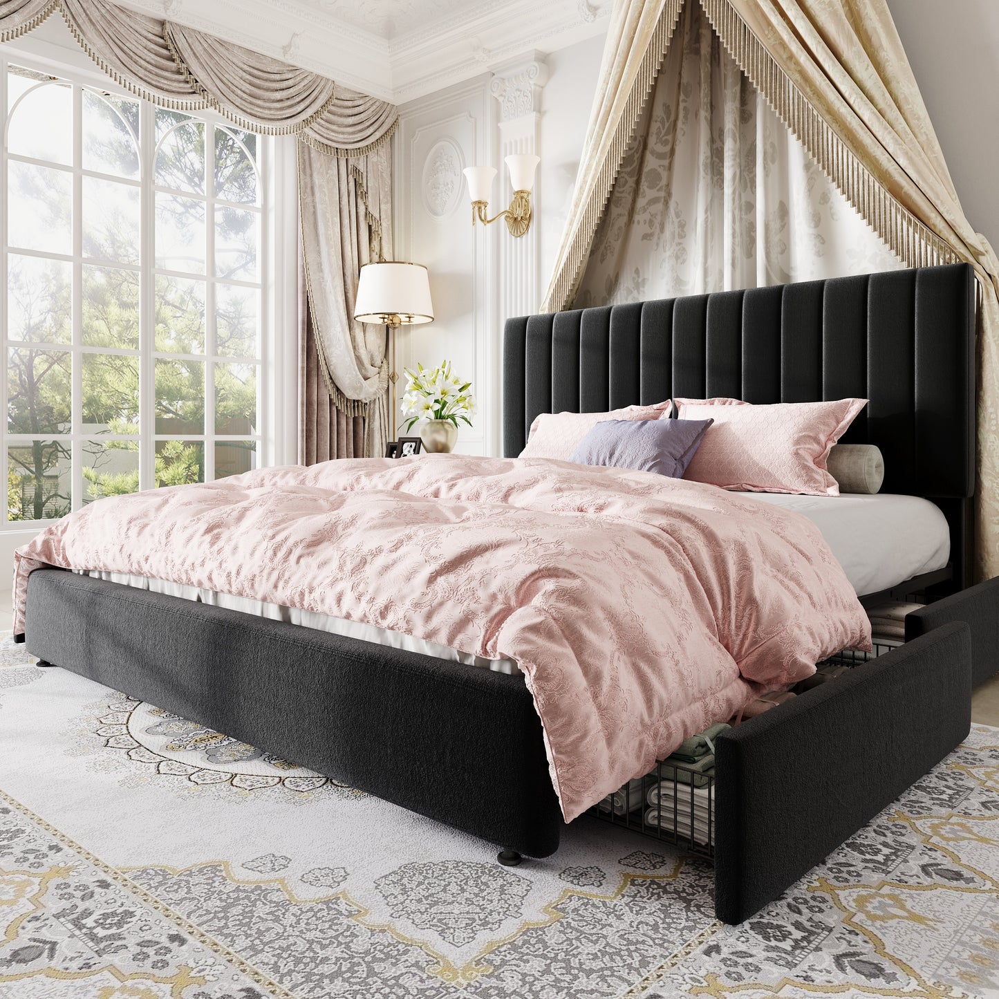 Amolife Bed Frame, Platform Bed with Adjustable Velvet-Wrapped Headboard and 4 Storage Drawers, No Box Spring Required