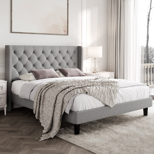 Queen Size Diamond Upholstered Platform Bed Frame with Deluxe Wing Back, Drak Gray