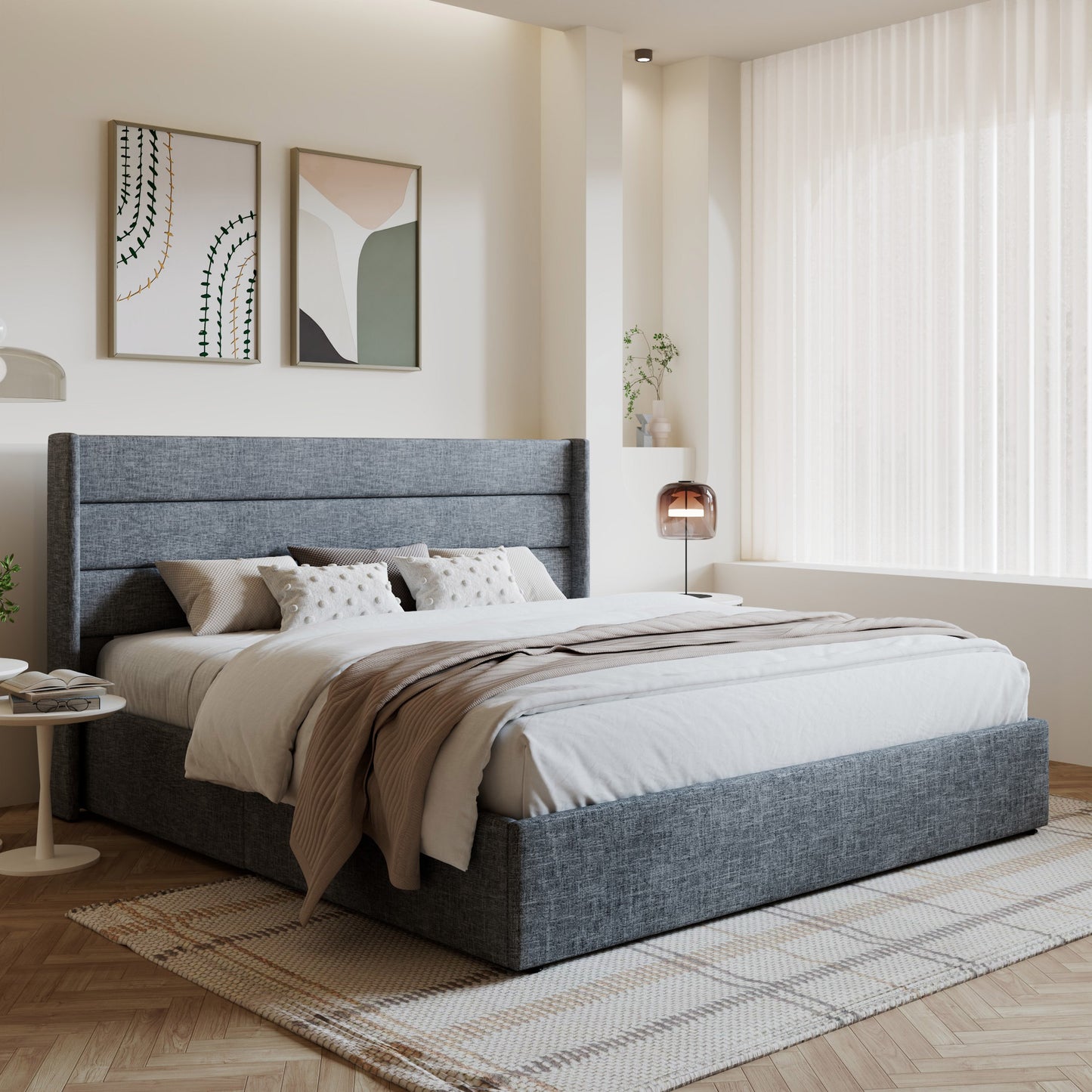 Amolife Bed Frame, Lift Up Storage Platform Bed with Fabric Upholstered Panel Wingback Headboard