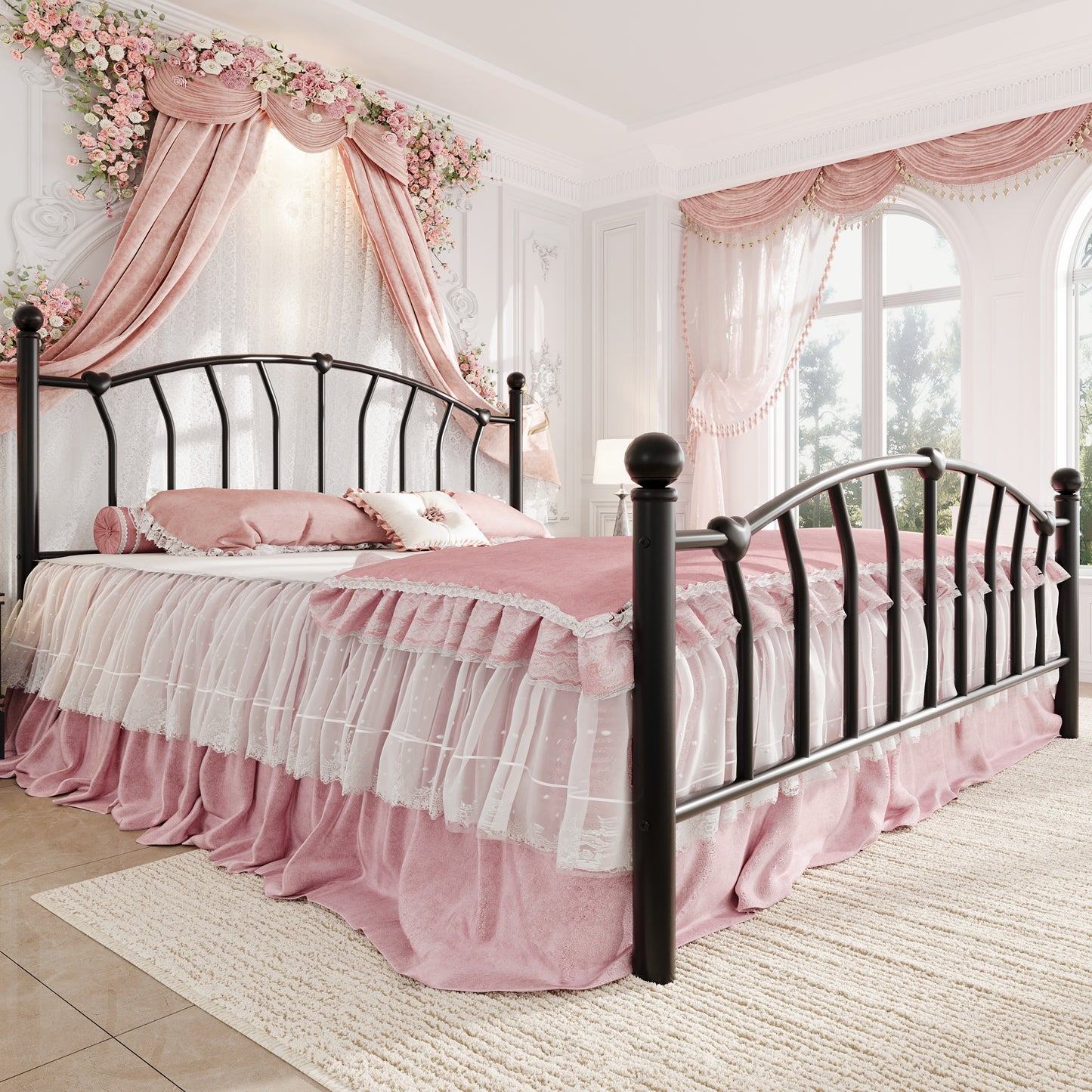 Amolife Bed Frame, Metal Platform Bed with Heart-Shaped Headboard and Footboard, 12.6'' Under-Bed Storage Space, No Box Spring Needed
