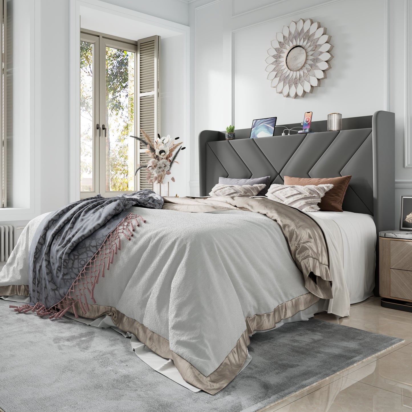 Amolife Platform Bed Frame with 4-in-1 Charging Station & Storage Shelf, Upholstered Velvet Wingback Headboard