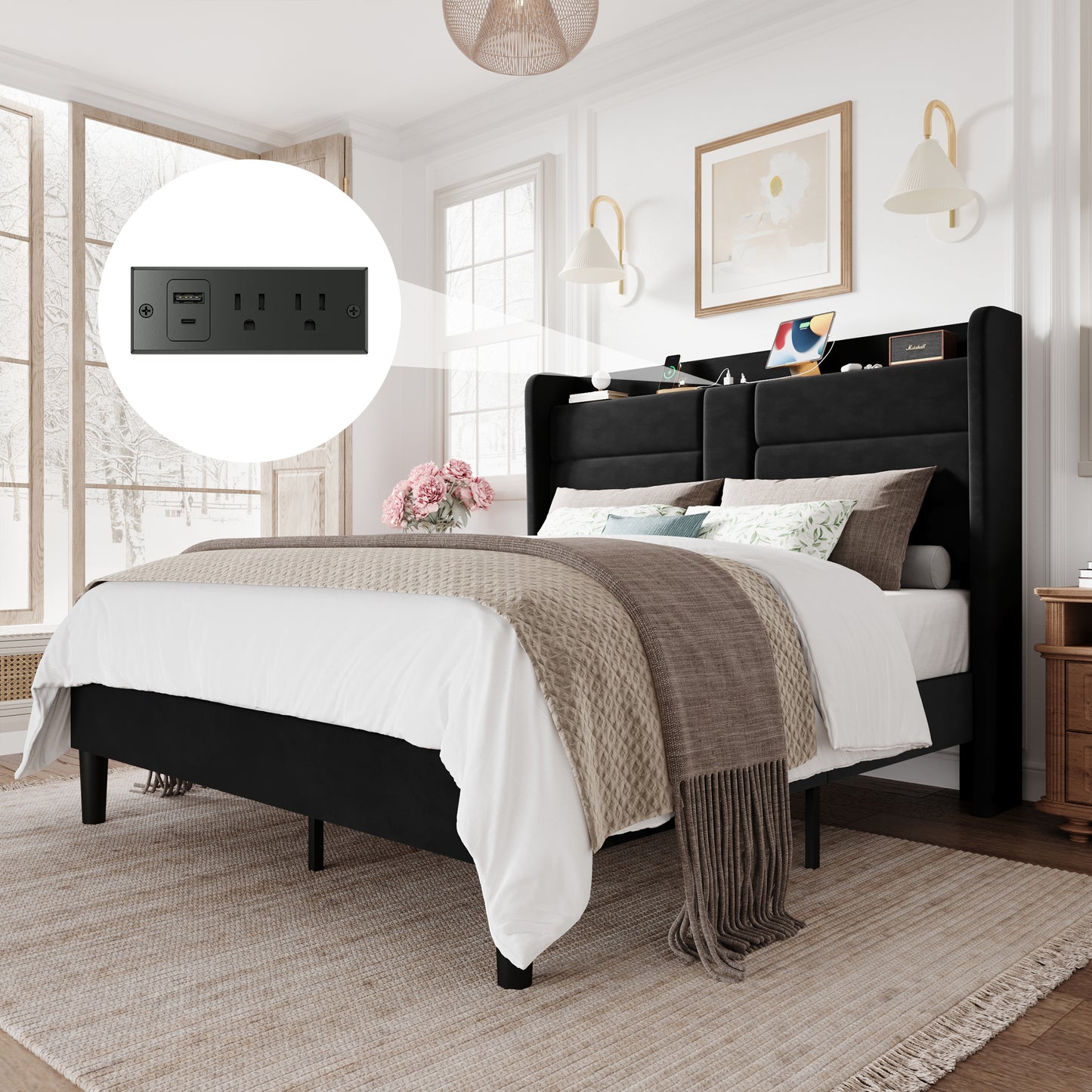 Amolife Upholstered Platform Bed Frame with Velvet Wingback Headboard & USB Charging Ports, No Box Spring Needed