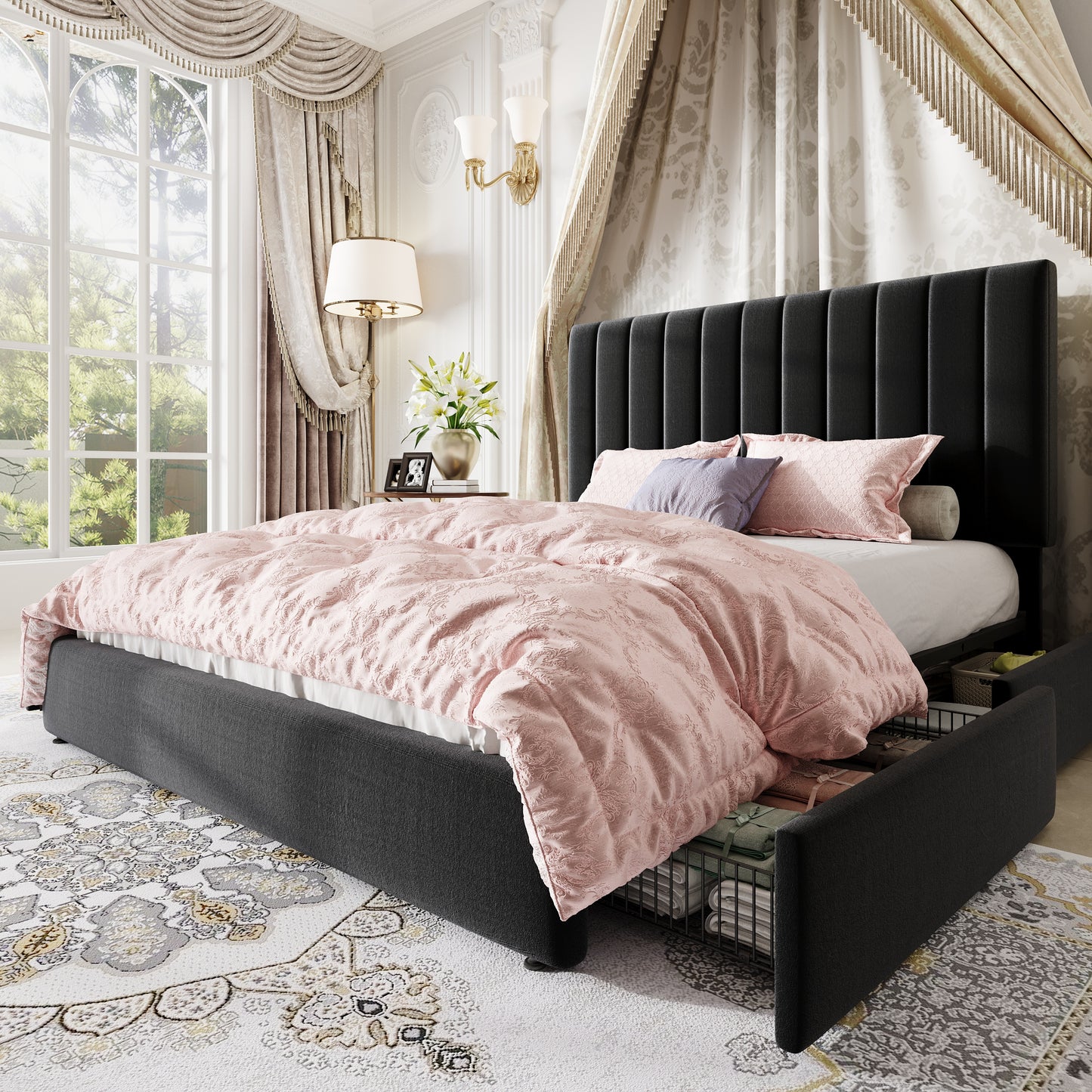 Amolife Bed Frame, Platform Bed with Adjustable Velvet-Wrapped Headboard and 4 Storage Drawers, No Box Spring Required