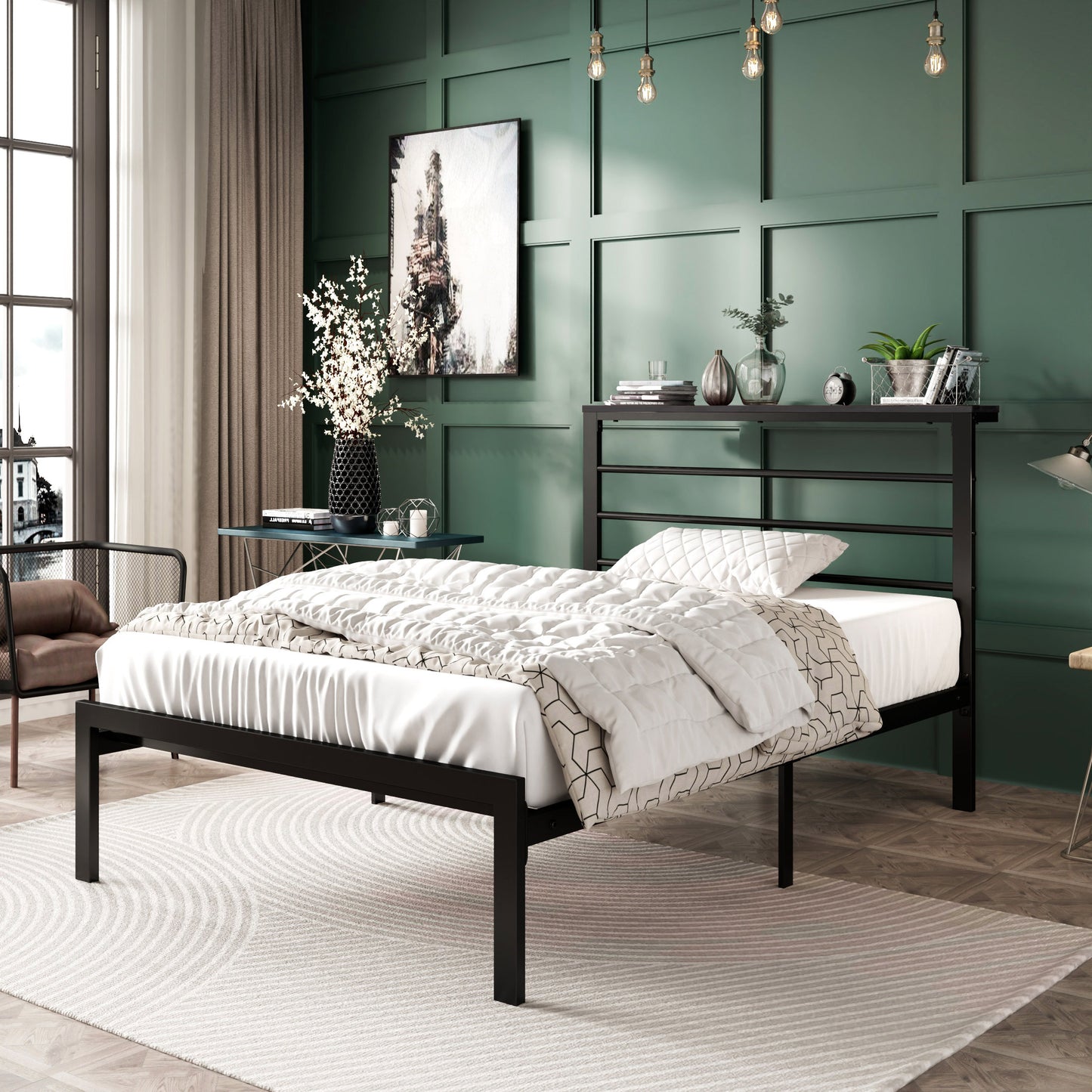 Queen Size Metal Bed Frame with Headboard Shelf, Black Oak