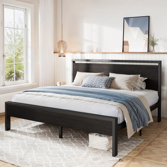 Amolife Metal Platform Bed Frame with Wooden Headboard & Footboard, Black Oak, Adult
