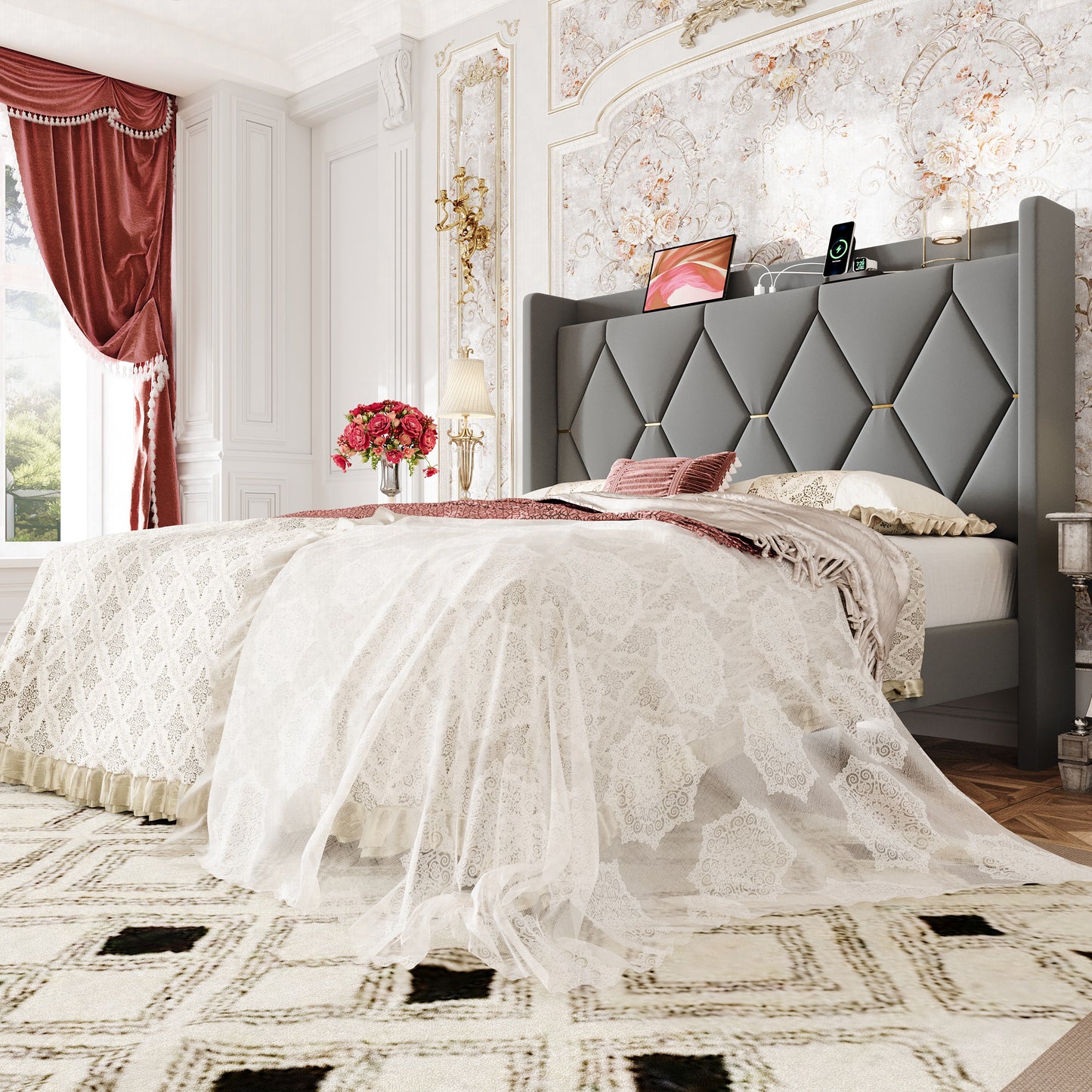 Amolife Upholstered Platform Bed Frame with Charging Station & Velvet Storage Wingback Headboard, No Box Spring Needed