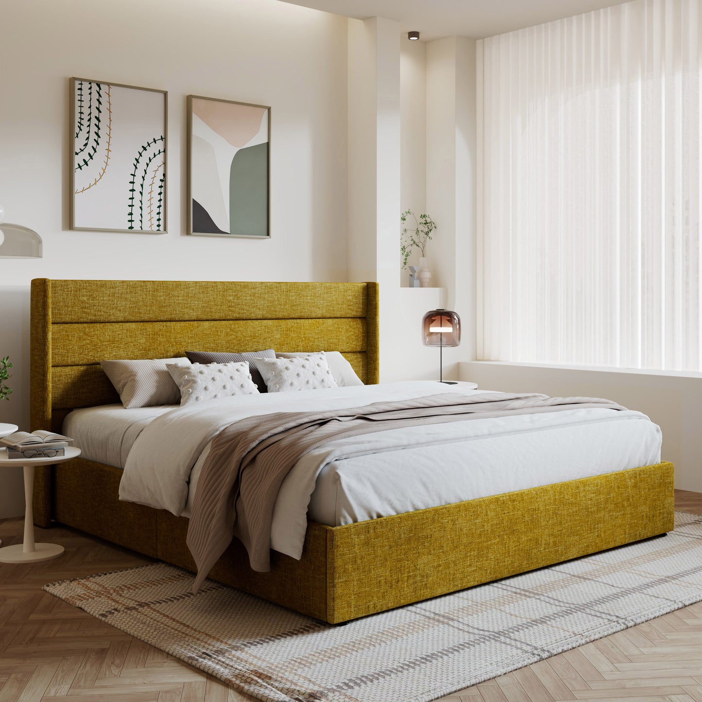 Amolife Bed Frame, Lift Up Storage Platform Bed with Fabric Upholstered Panel Wingback Headboard