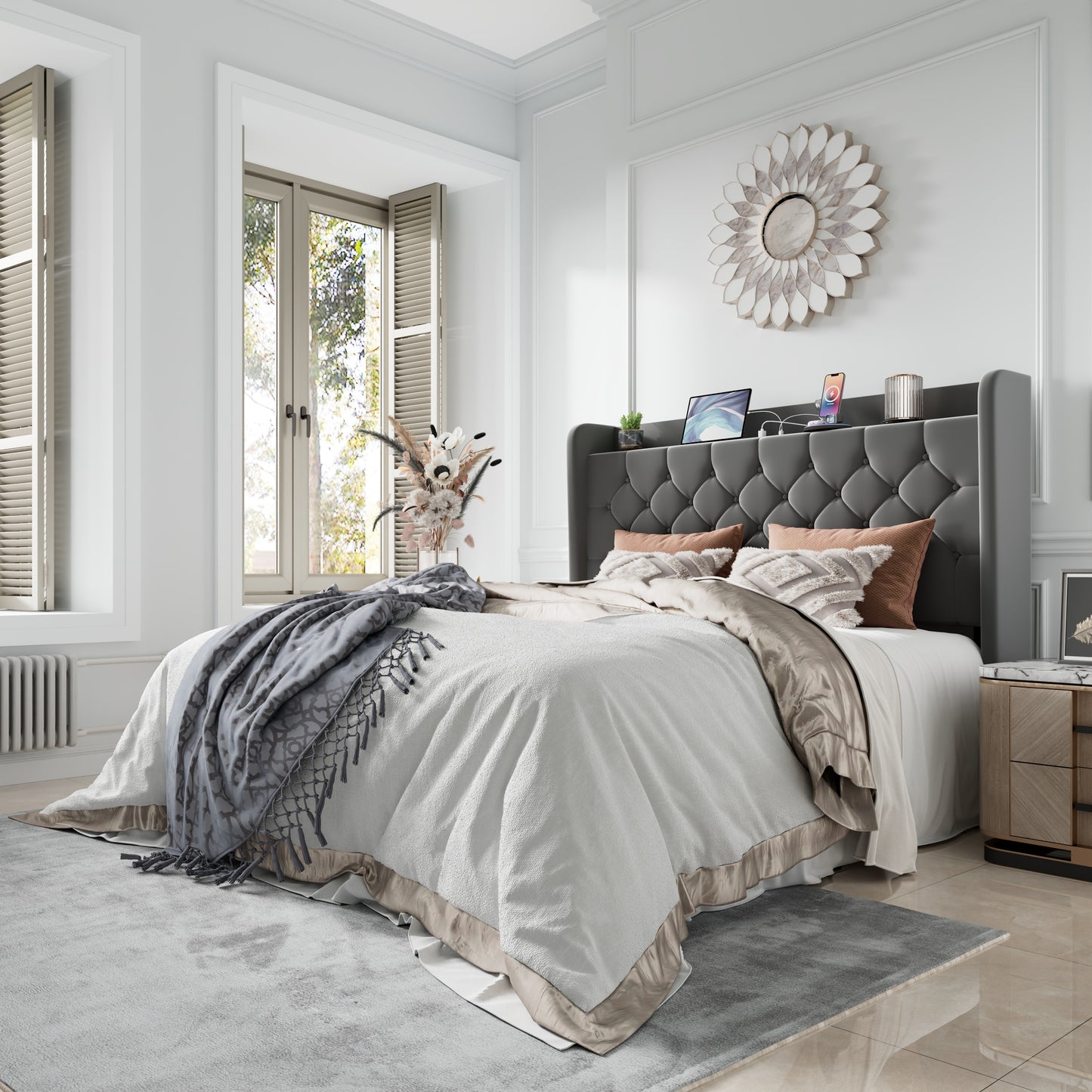 Amolife Bed Frame with Storage Wingback Headboard and Fast Charging Hub, Upholstered Platform Bed, No Box Spring Required