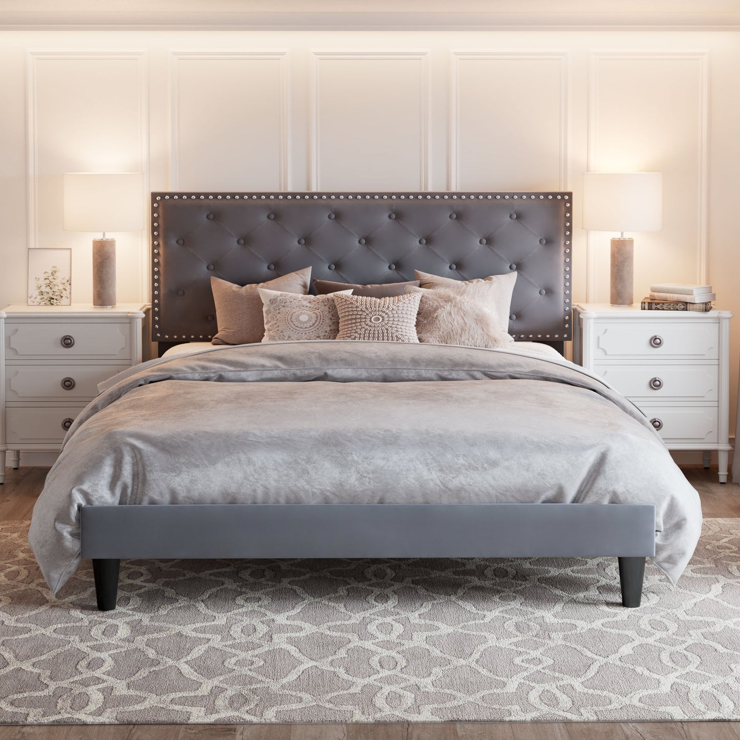 Queen Bed Frame with Adjustable Velvet-Studded Headboard, Black