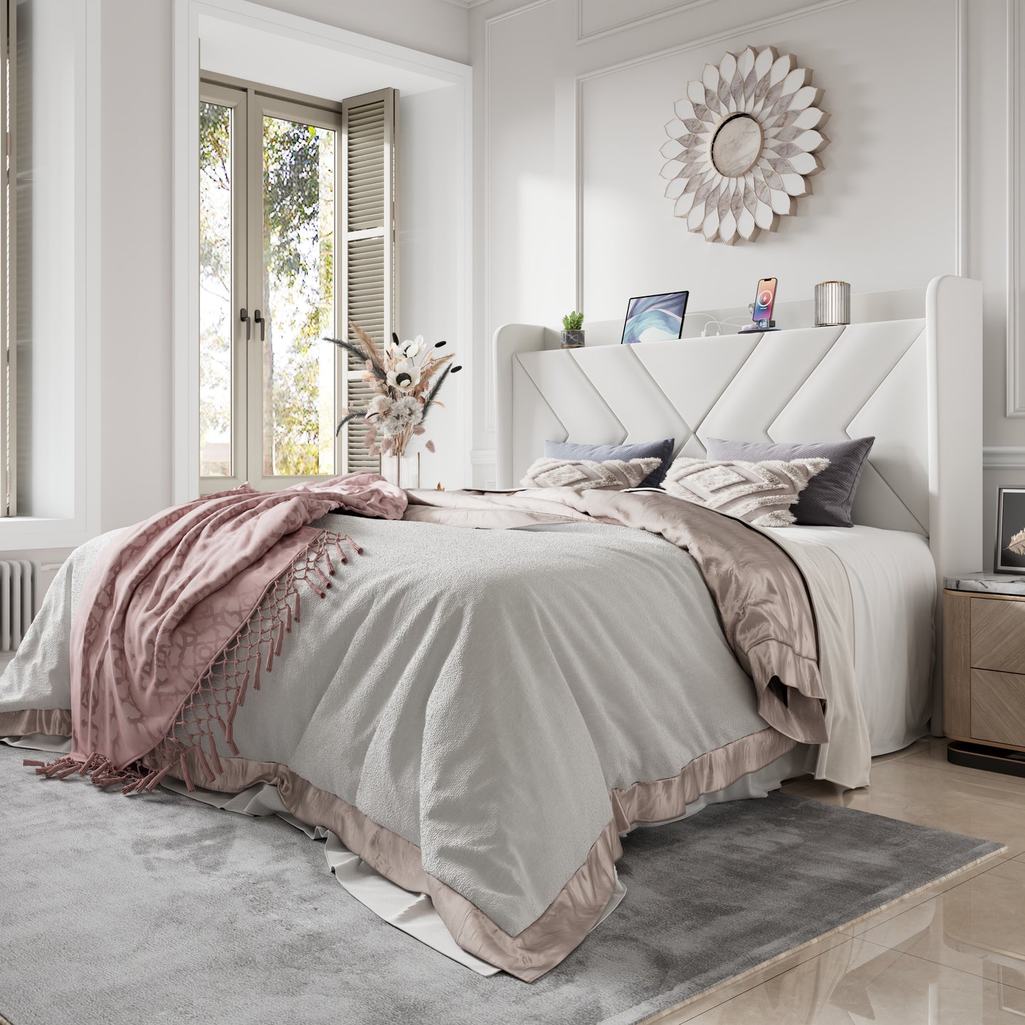 Amolife Platform Bed Frame with 4-in-1 Charging Station & Storage Shelf, Upholstered Velvet Wingback Headboard