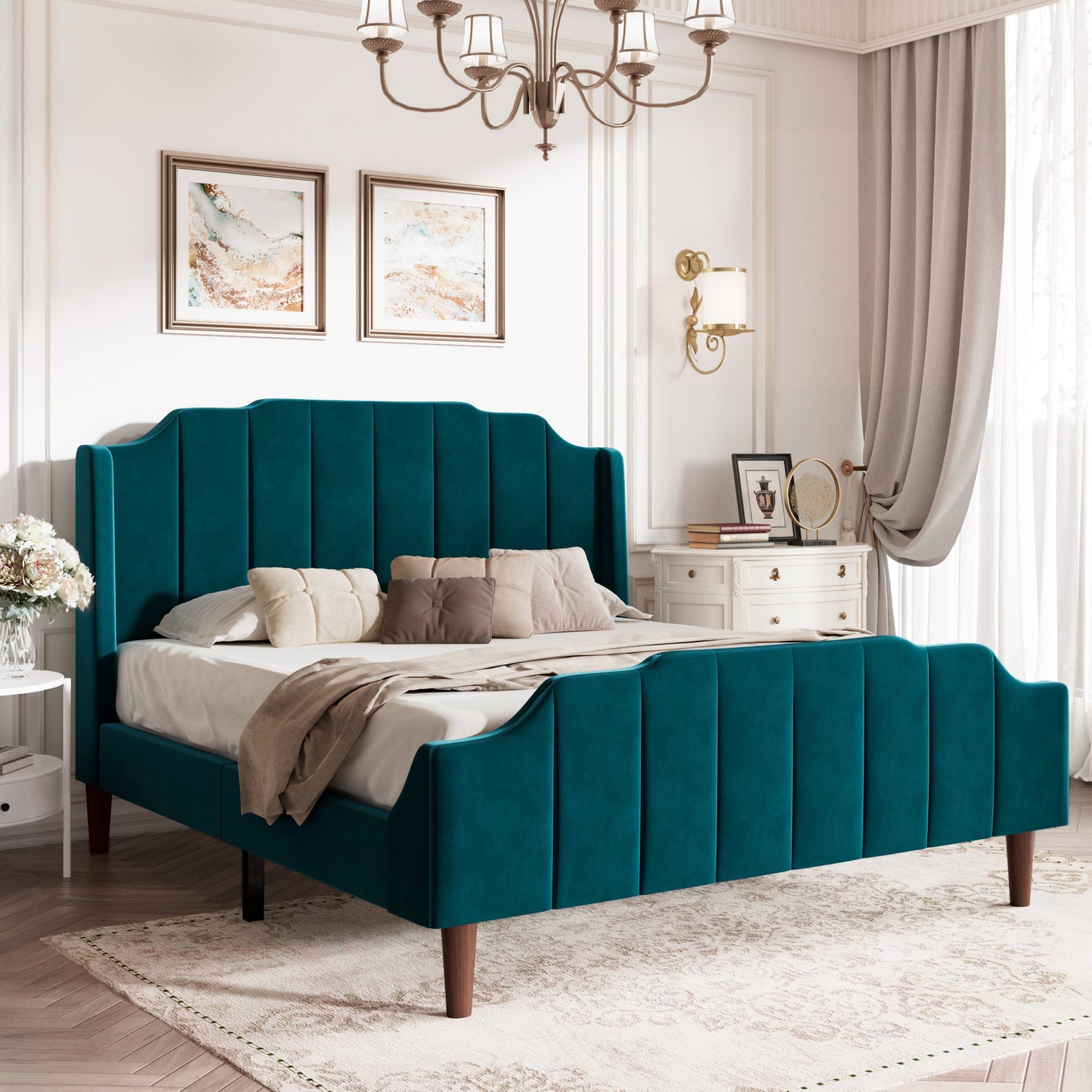 Modern Curved Wood Bed Frame with Upholstered Wingback Headboard