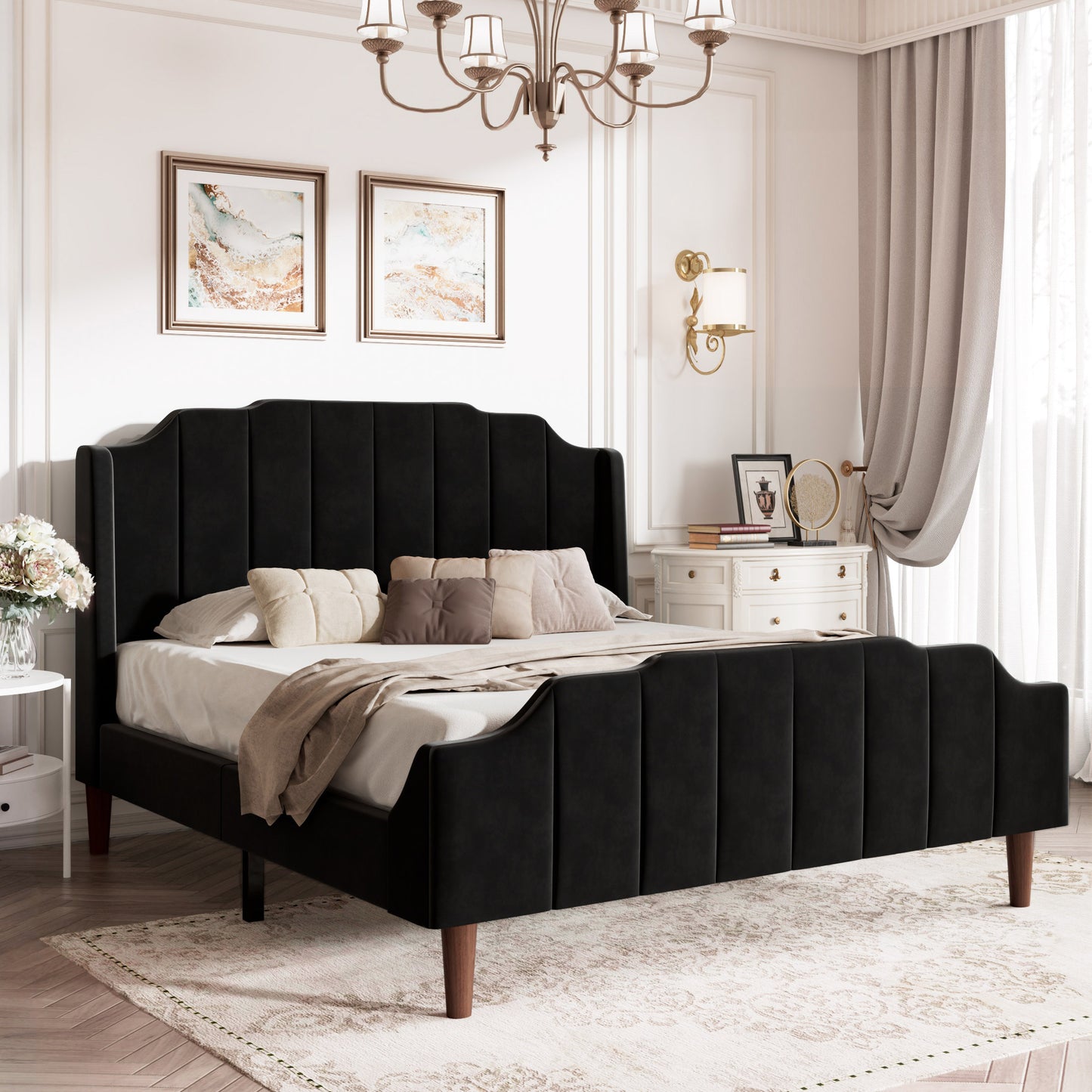 Modern Curved Wood Bed Frame with Upholstered Wingback Headboard