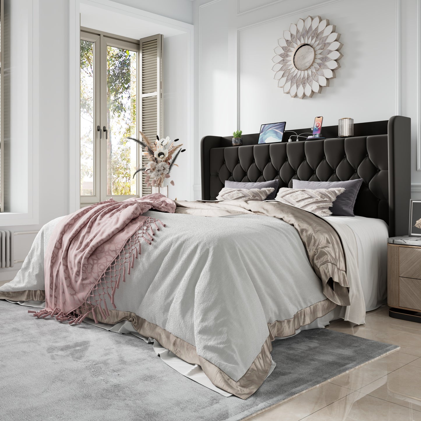 Amolife Bed Frame with Storage Wingback Headboard and Fast Charging Hub, Upholstered Platform Bed, No Box Spring Required