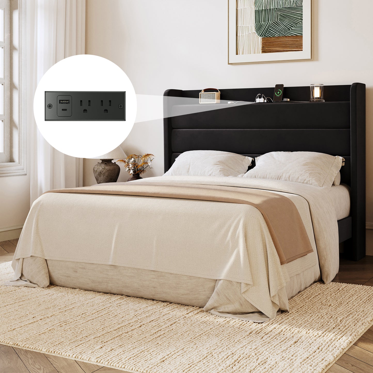 Amolife Platform Bed Frame with Upholstered Velvet Wingback Slat Headboard & Built-In Charging Station