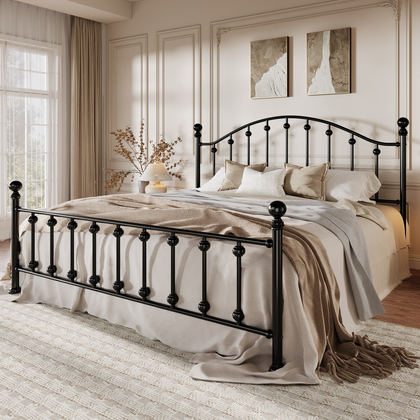 Amolife Full Bed Frame with Victorian Style Iron-Art Headboard and Footboard, Ample Under-Bed Storage Space, No Box Spring Needed, Black