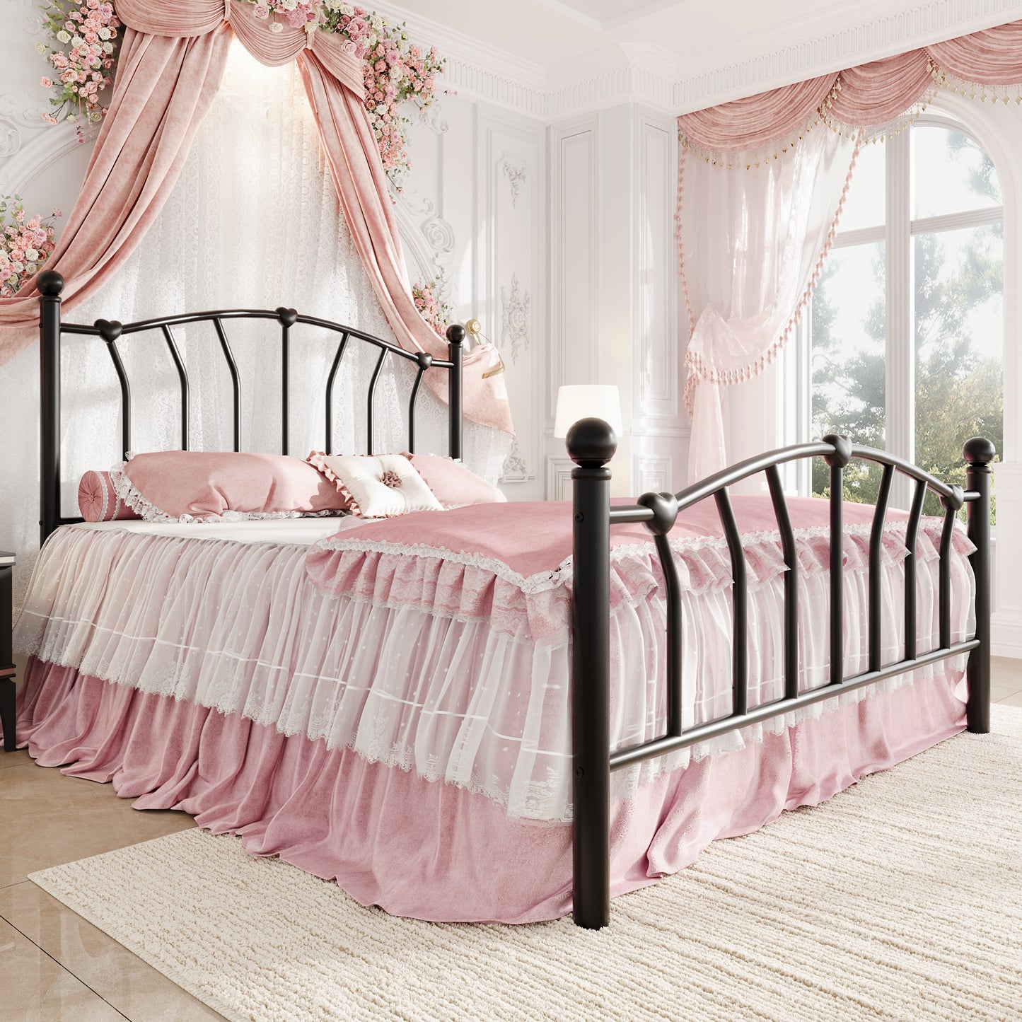 Amolife Bed Frame, Metal Platform Bed with Heart-Shaped Headboard and Footboard, 12.6'' Under-Bed Storage Space, No Box Spring Needed